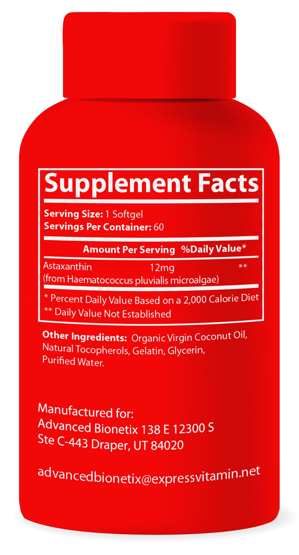 Advanced Bionetix AstaQuil Astaxanthin 12mg softgel nutritional information