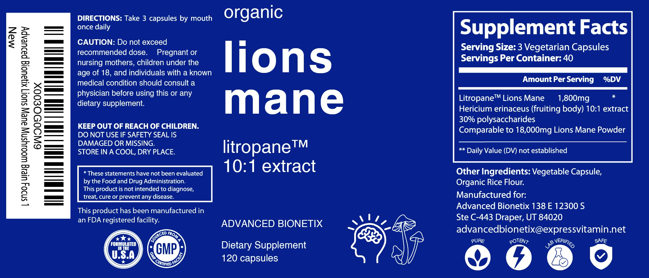 Advanced Bionetix Lion's Mane Mushroom Supplement packaging details