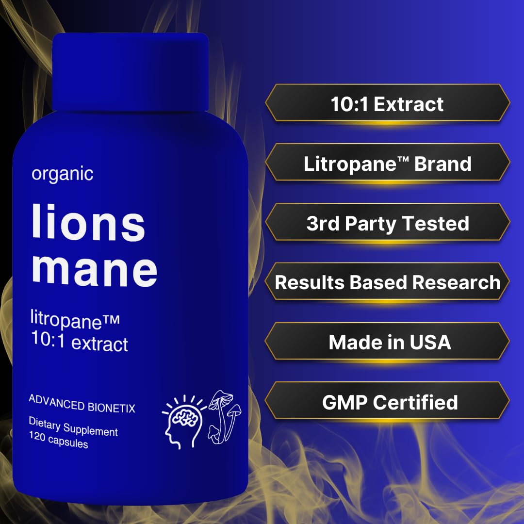 Advanced Bionetix Lion's Mane Mushroom Supplement with measuring spoon