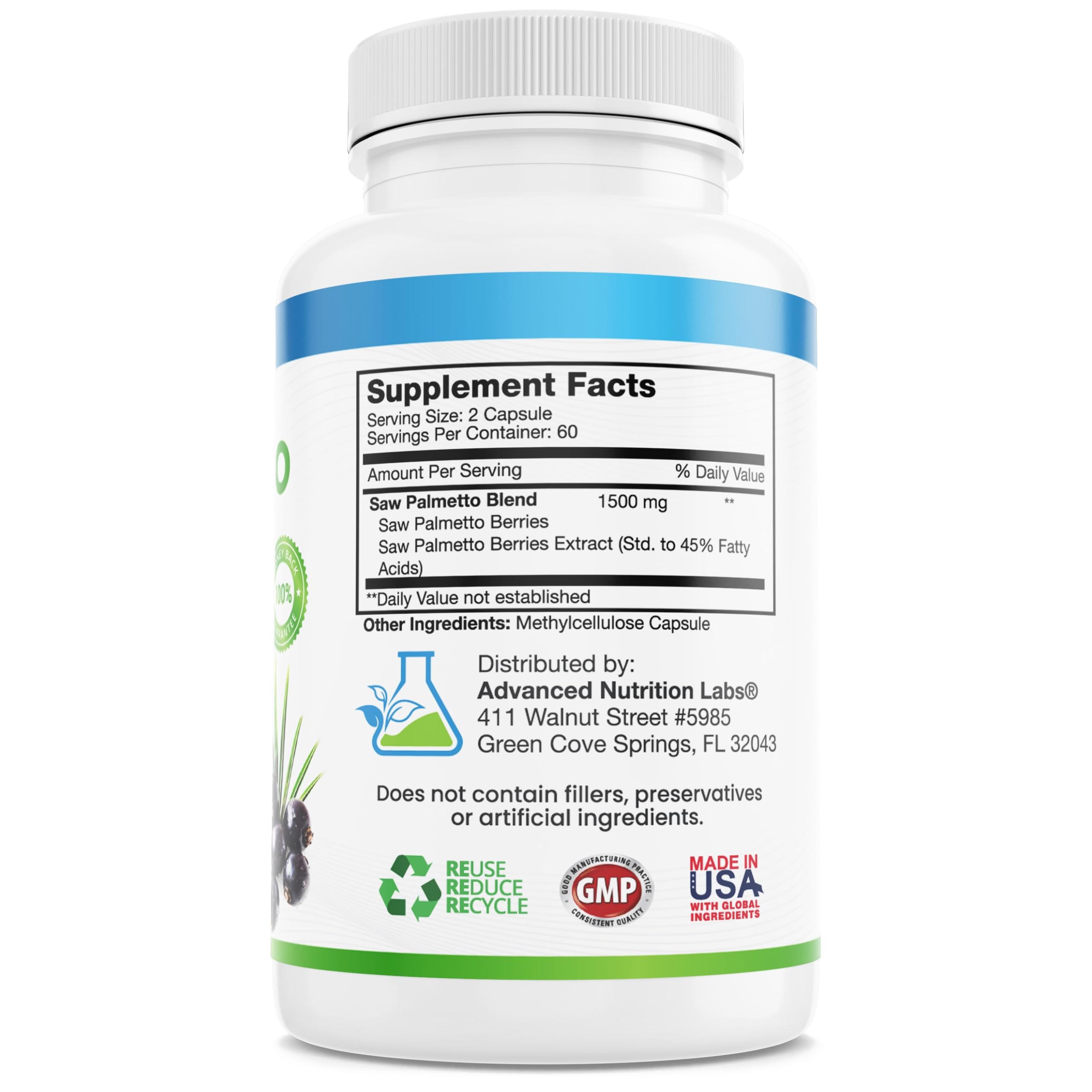 Advanced Nutrition Labs Saw Palmetto Supplement side view