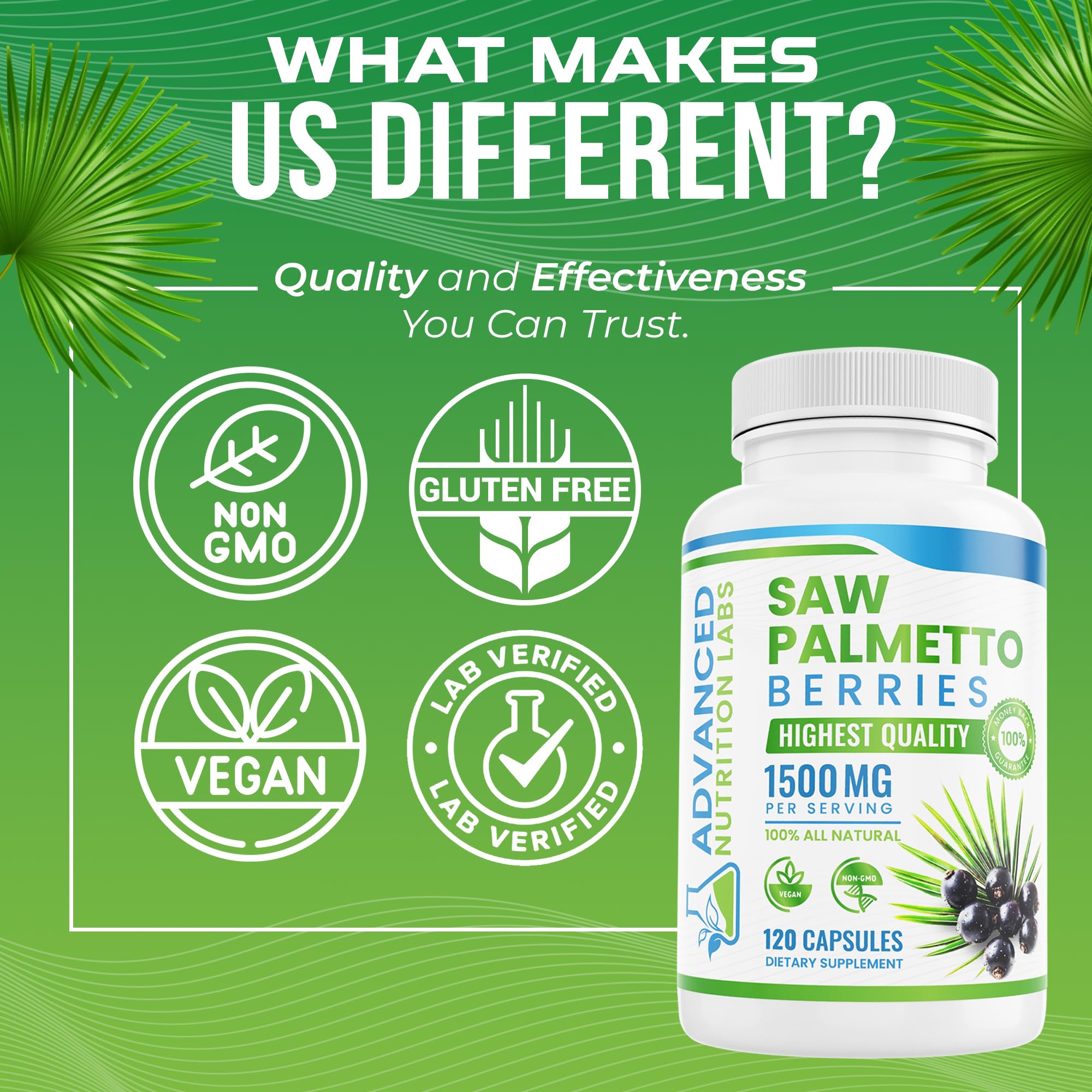 Advanced Nutrition Labs Saw Palmetto Supplement with measuring spoon