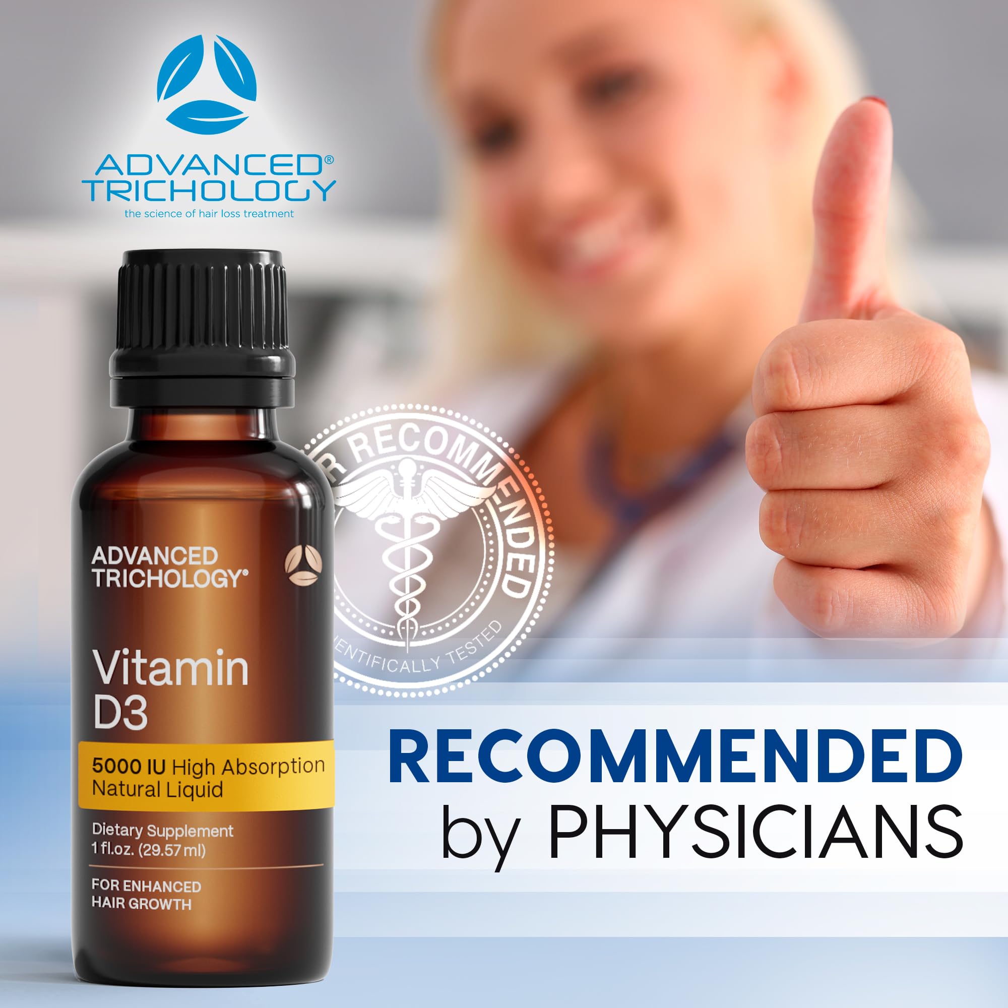 Advanced Trichology Vitamin D3 Liquid 5000iu packaging with citrus fruits