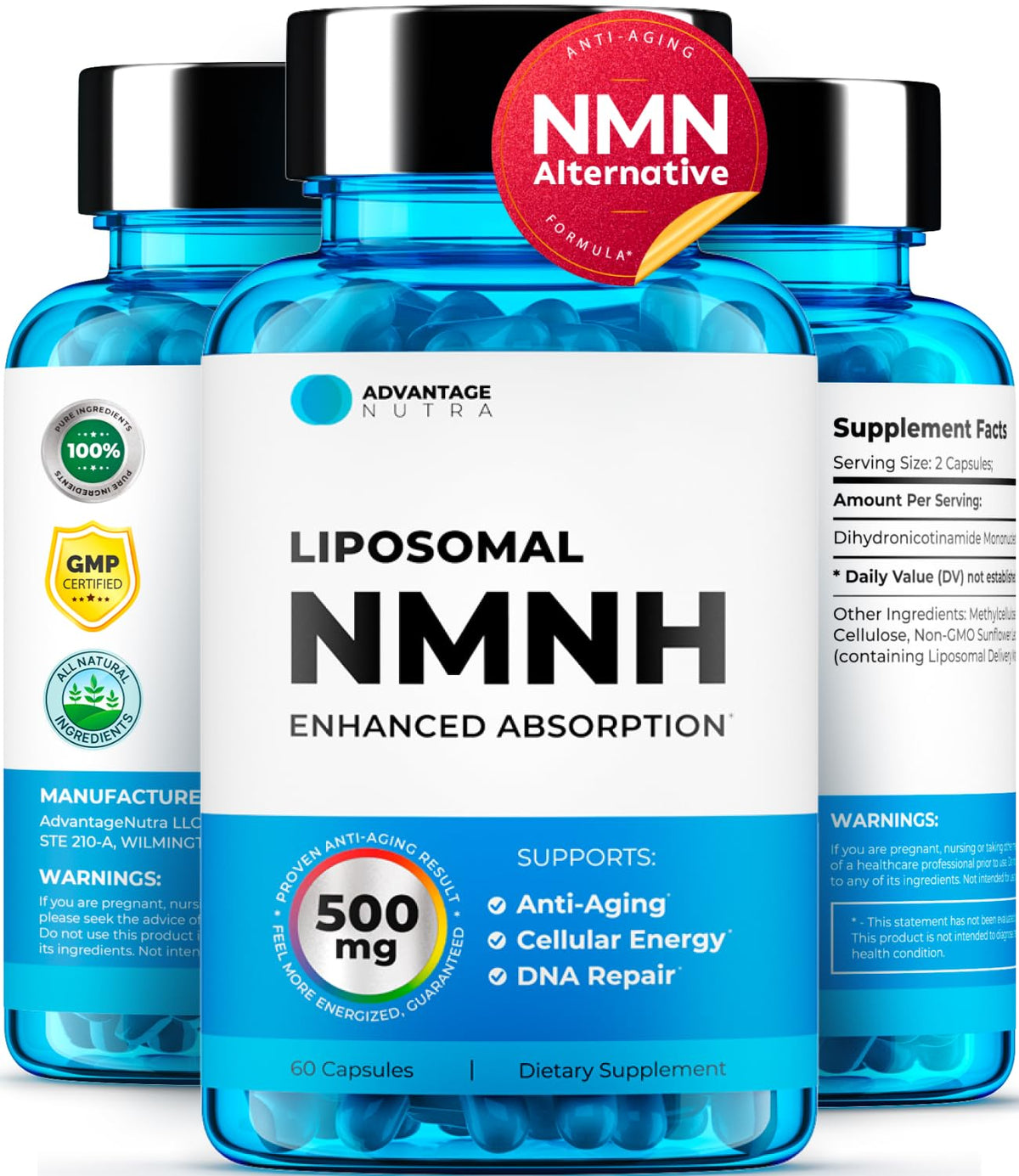 AdvantageNutra NMNH 500mg Liposomal Supplement front view