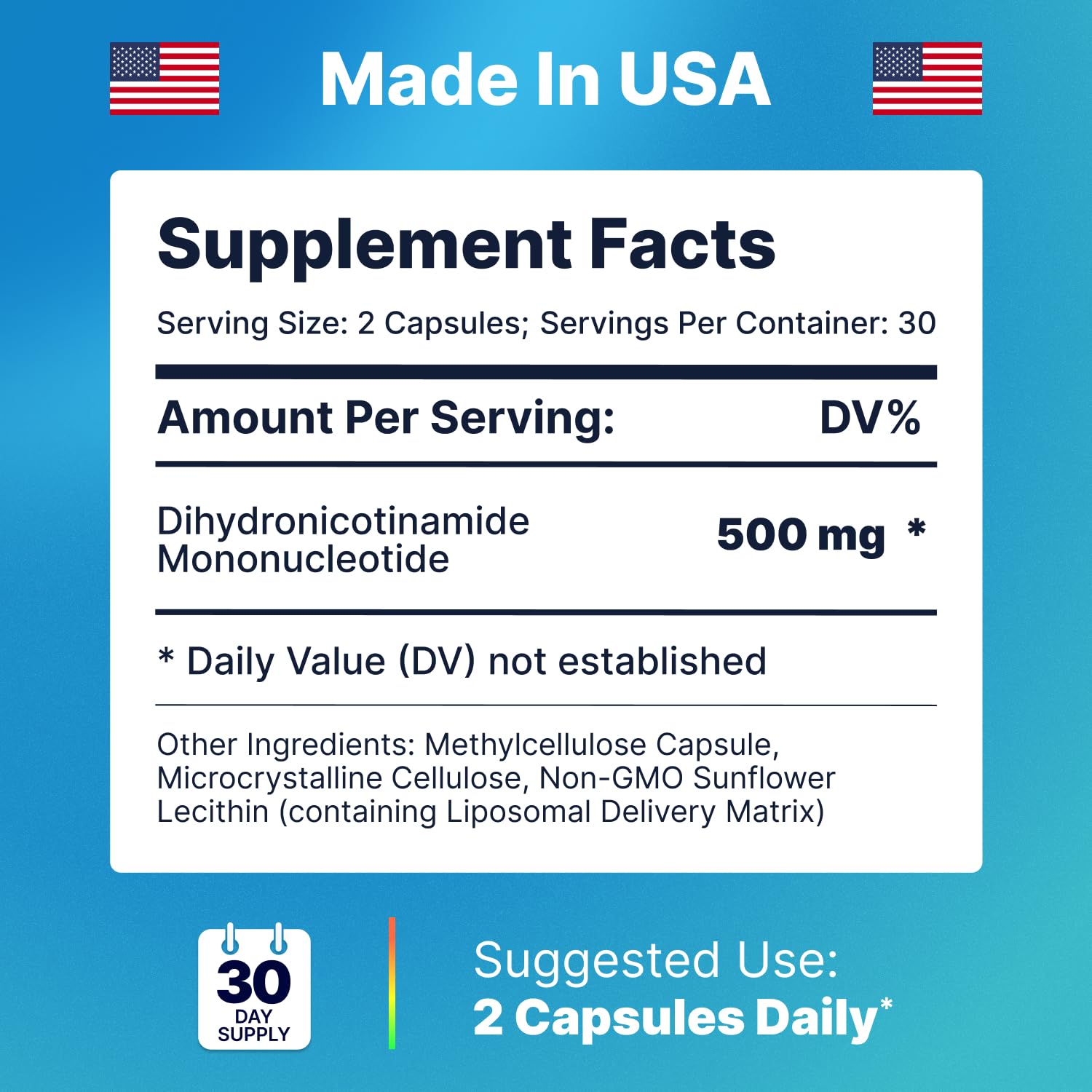 AdvantageNutra NMNH 500mg Liposomal Supplement nutritional information