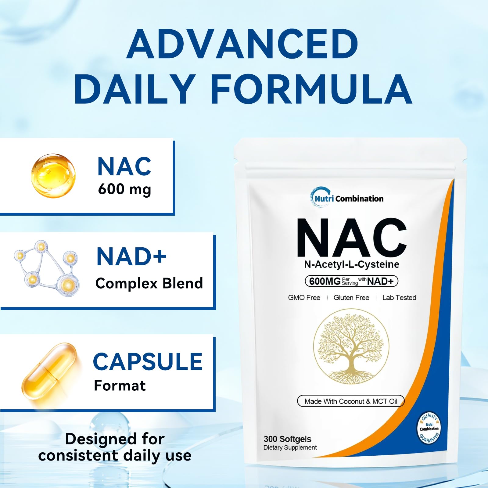 Aeteon NAC 600 & NAD Daily Complex Softgels showing softgel details