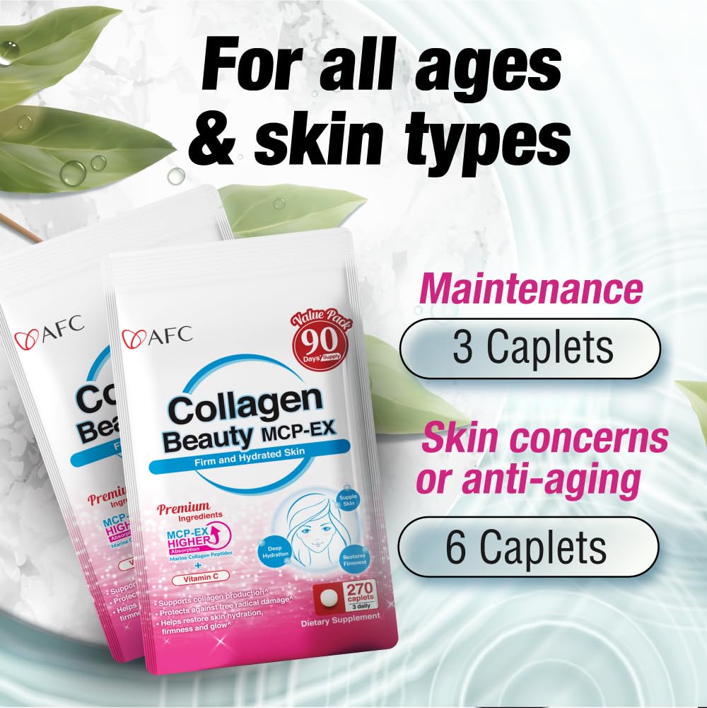 AFC Collagen Beauty MCP-EX tablets on a wooden surface