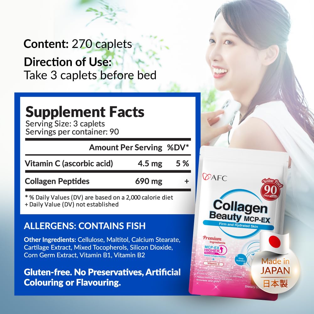 AFC Collagen Beauty MCP-EX tablets with a glass of water
