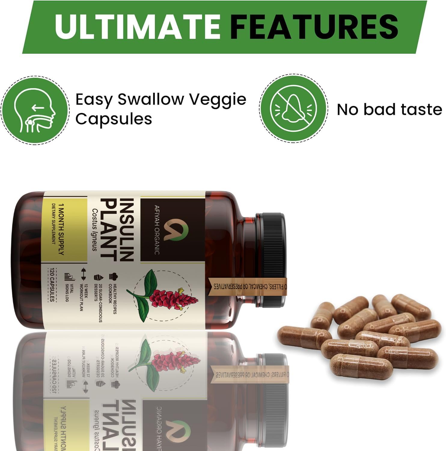 Afiyah Organic Costus Igneus Capsules on a wooden table