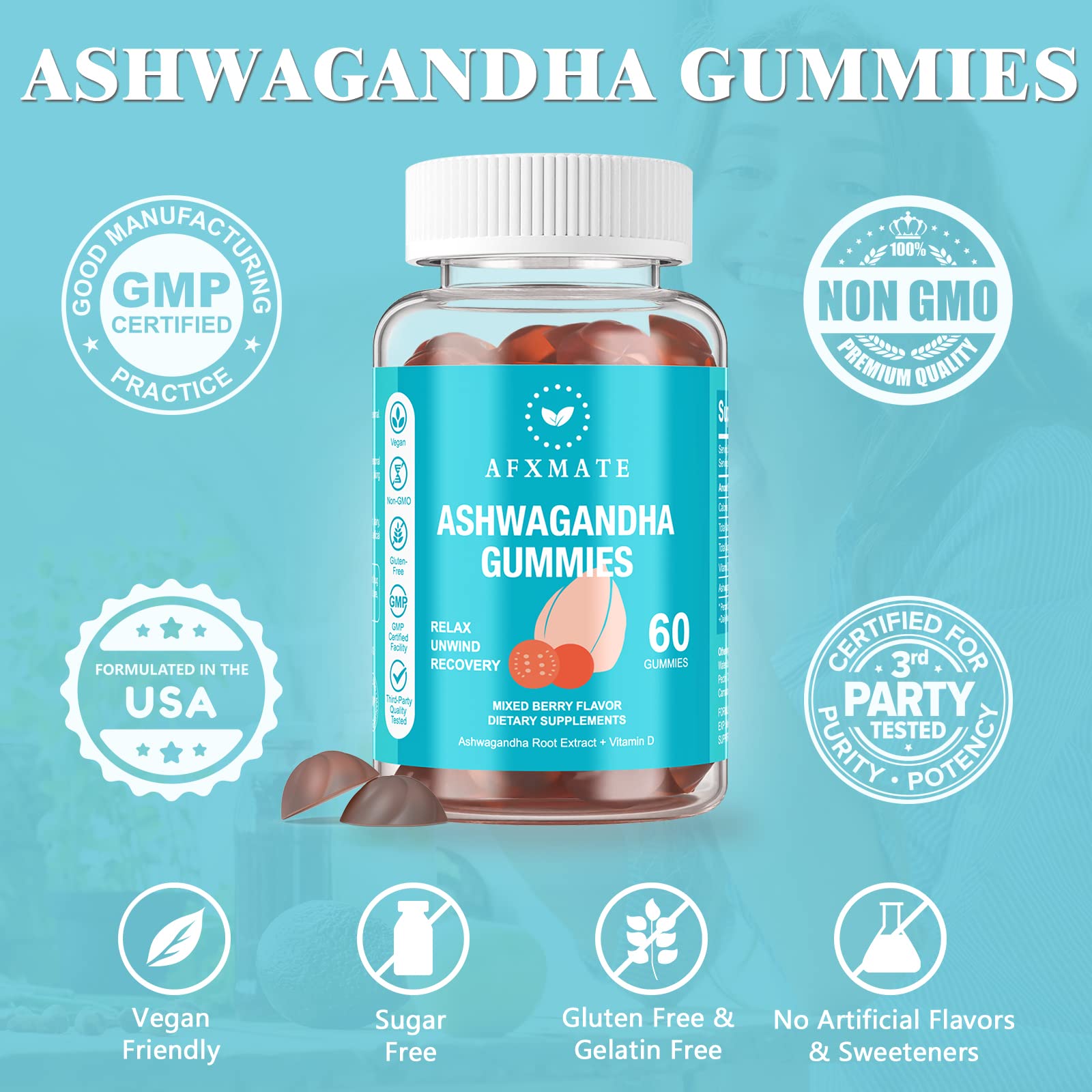 AFXMATE Ashwagandha Gummies with Vitamin D on a wooden table