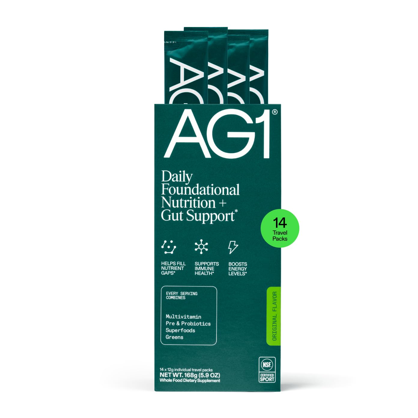AG1 Daily Health Supplement 168g front view with packaging