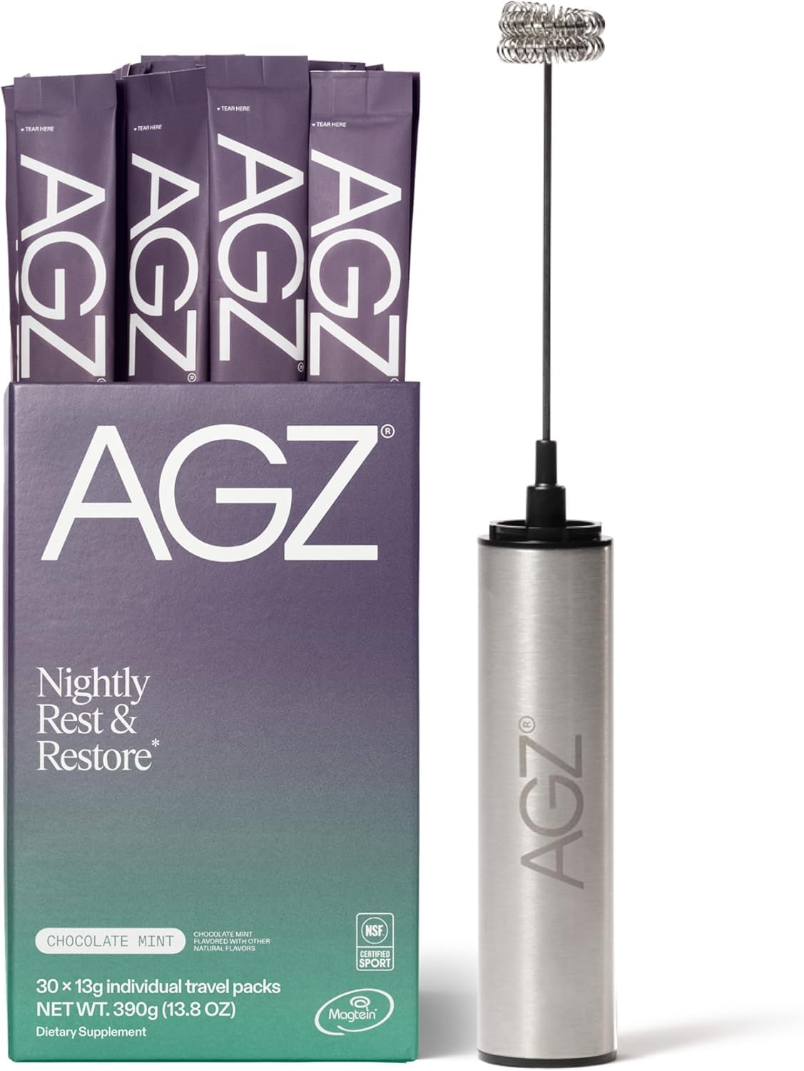 AG1 Sleep Drink AGZ packaging front view with frother