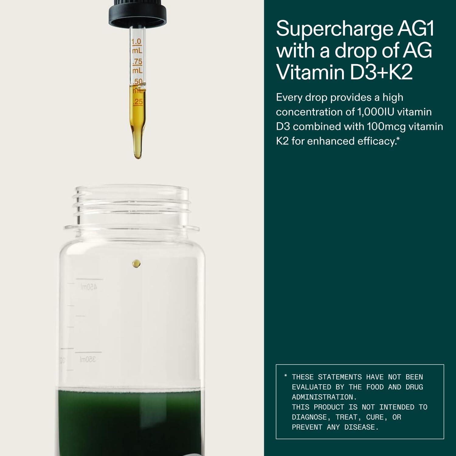 AG1 Vitamin D3 + K2 Liquid Drops in a glass