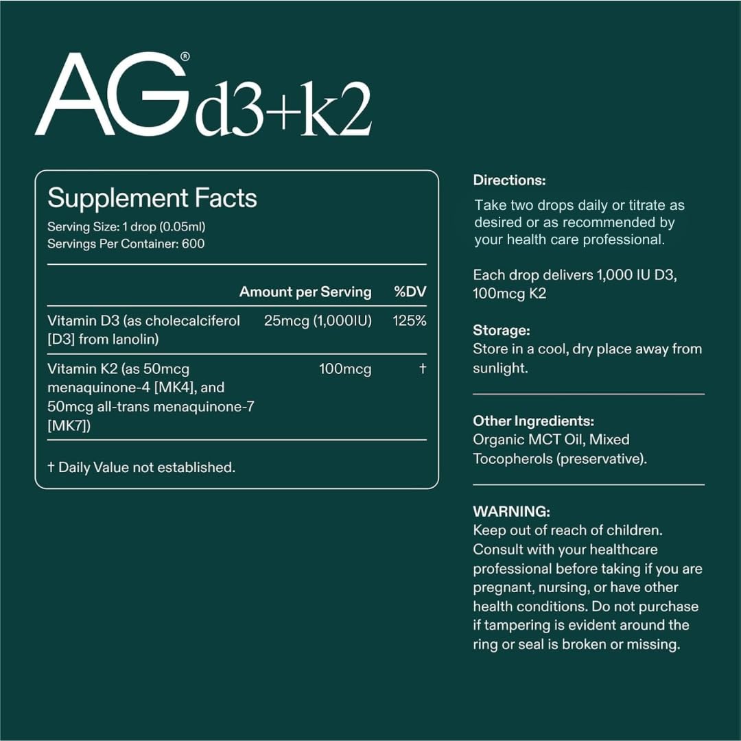 AG1 Vitamin D3 + K2 Liquid Drops packaging side view