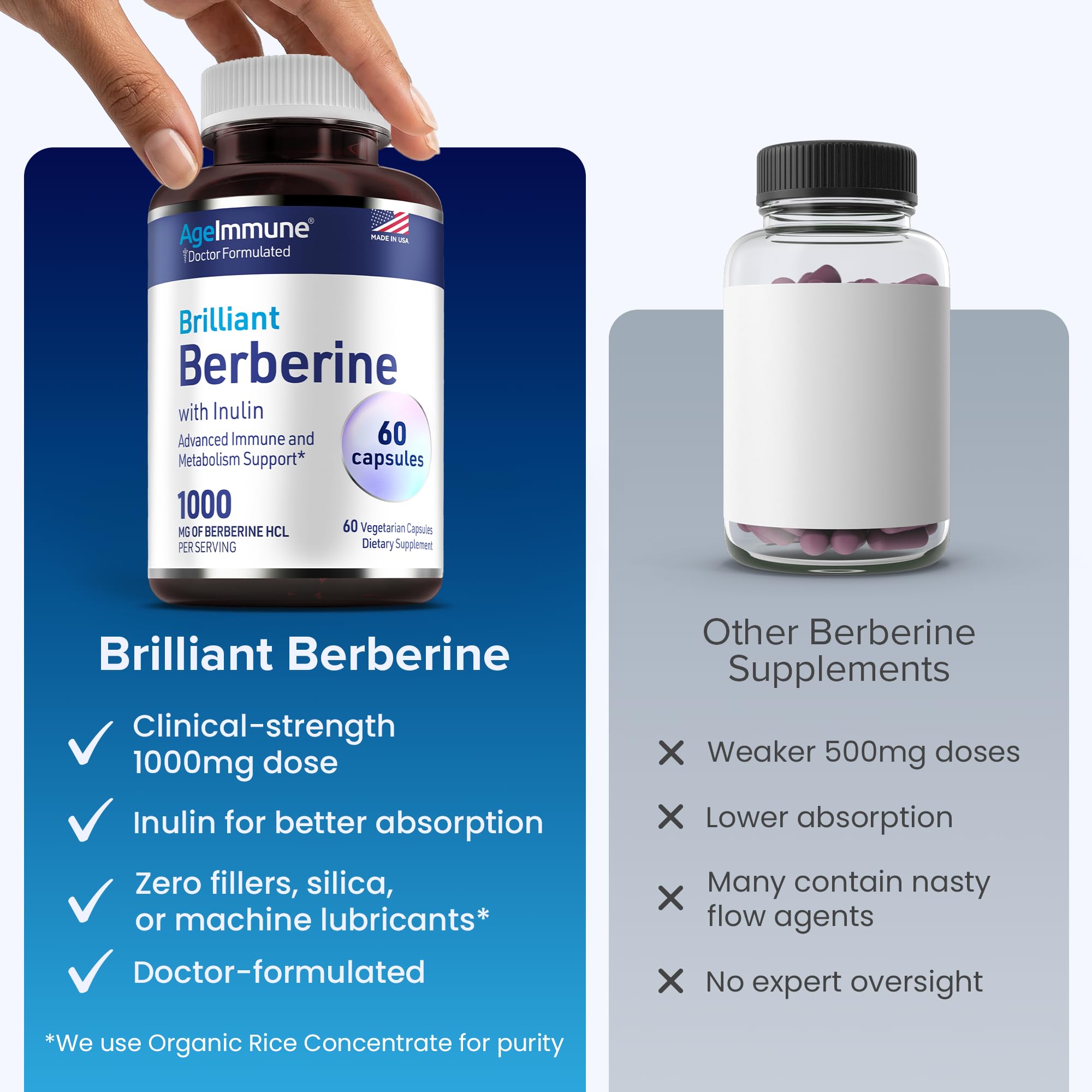AgeImmune Berberine Supplement 1000mg capsules on a table