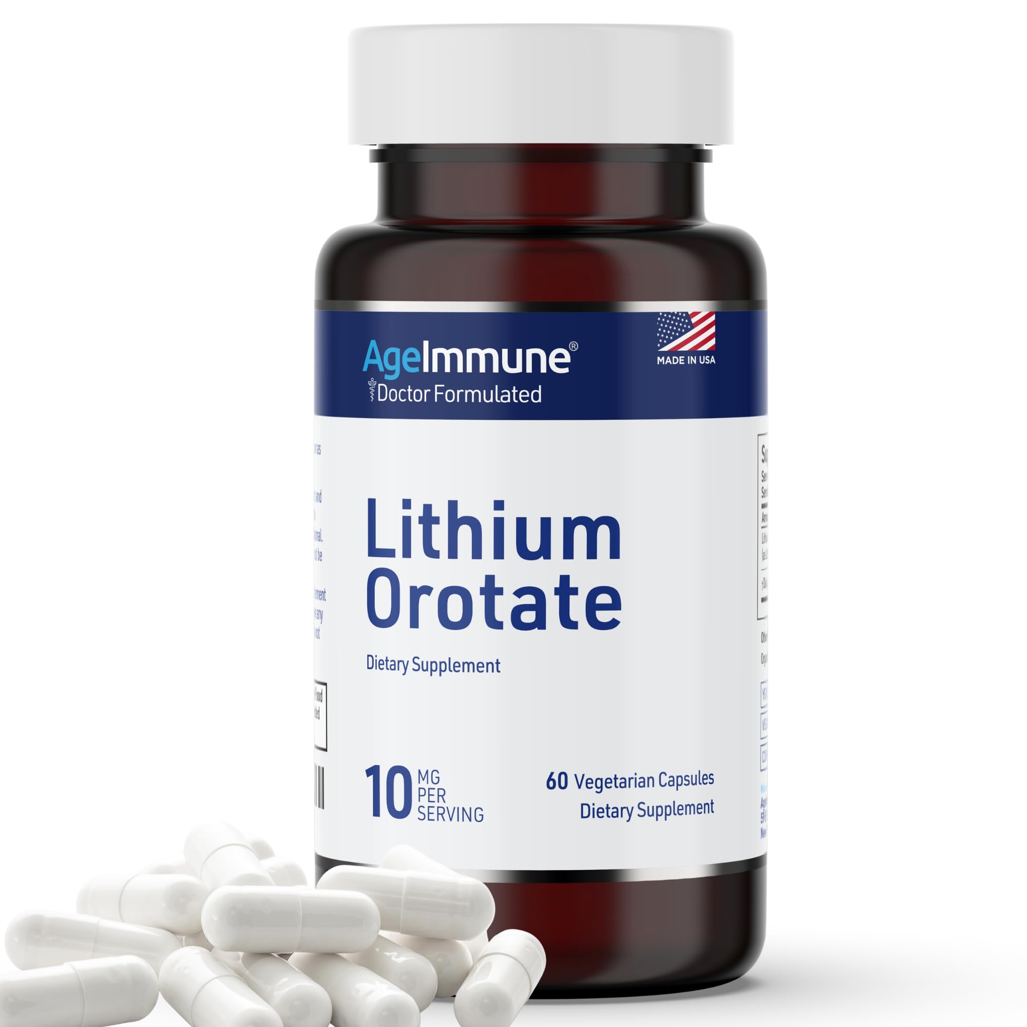 AgeImmune Lithium Orotate Supplement displayed with a measuring spoon