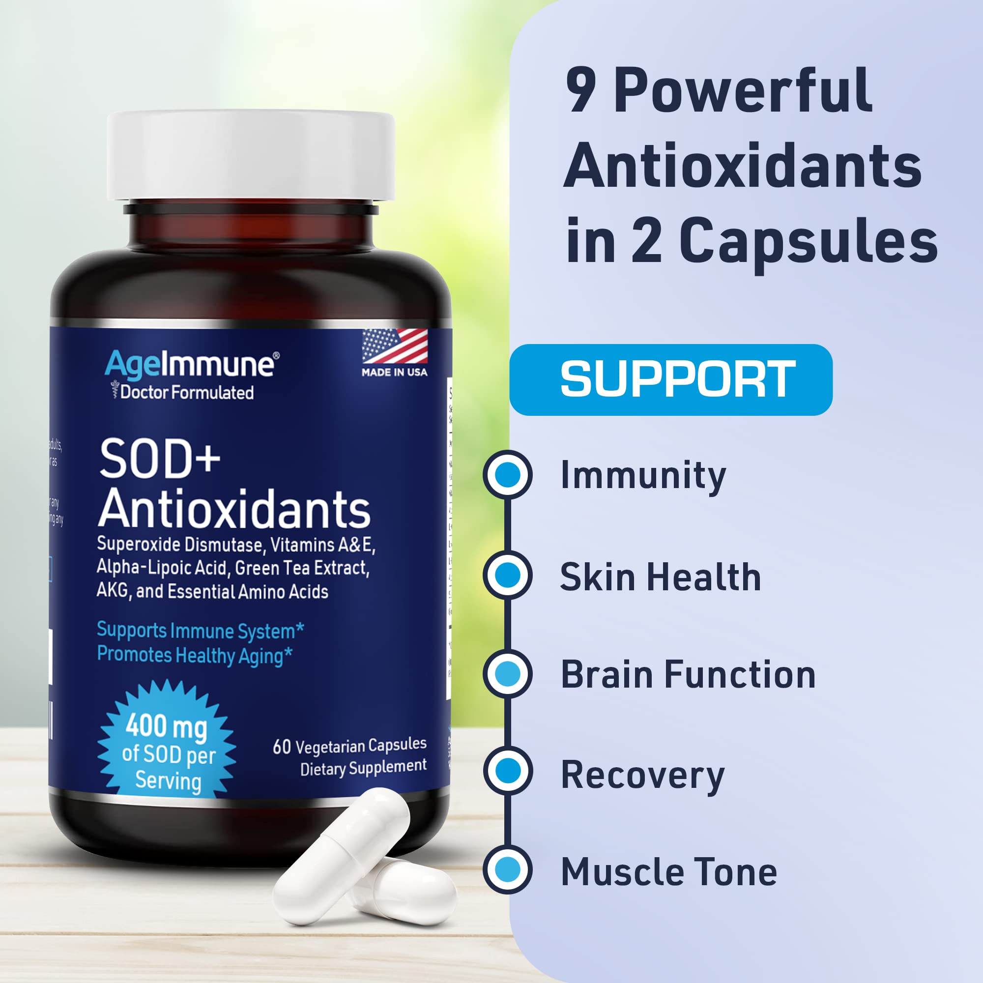 AgeImmune SOD Antioxidants Complex 400mg capsules in hand