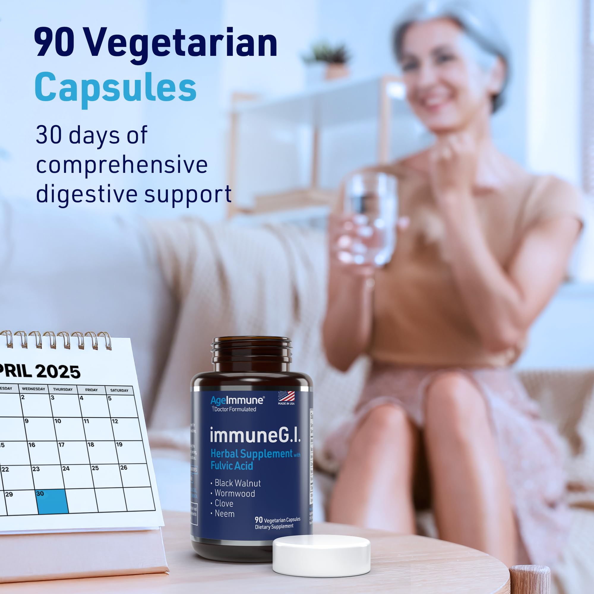 AgeImmune Wormwood Complex Herbal Supplement on a wooden table