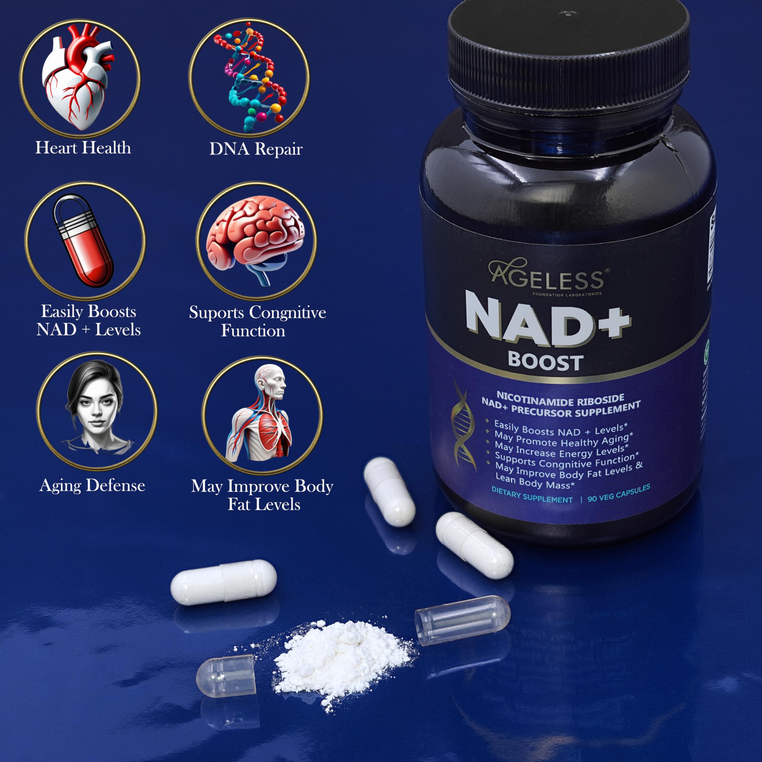 Ageless Foundation Laboratories NAD+ support Supplement bottle side view