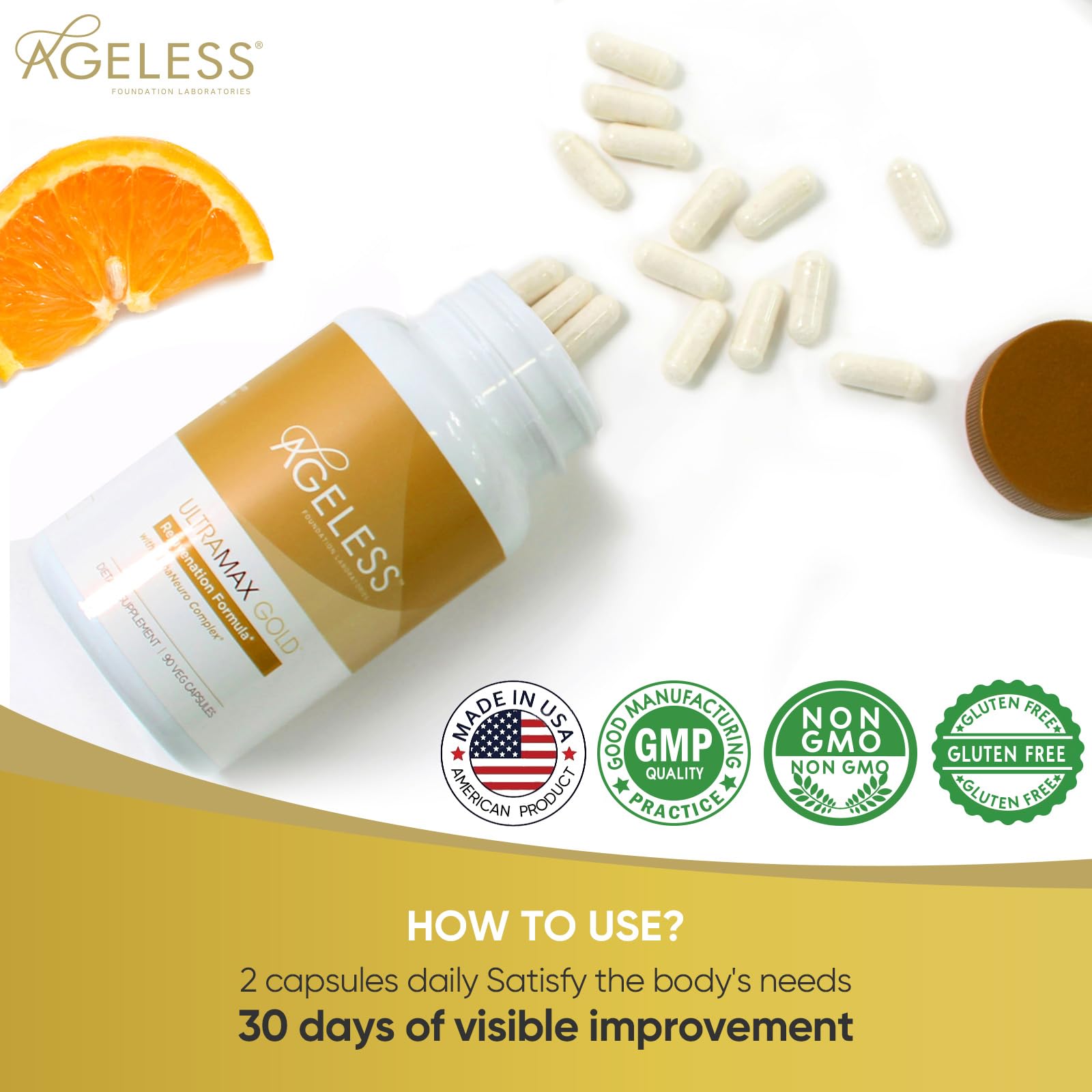 Ageless Foundation Laboratories UltraMAX Gold Capsules on a wooden table