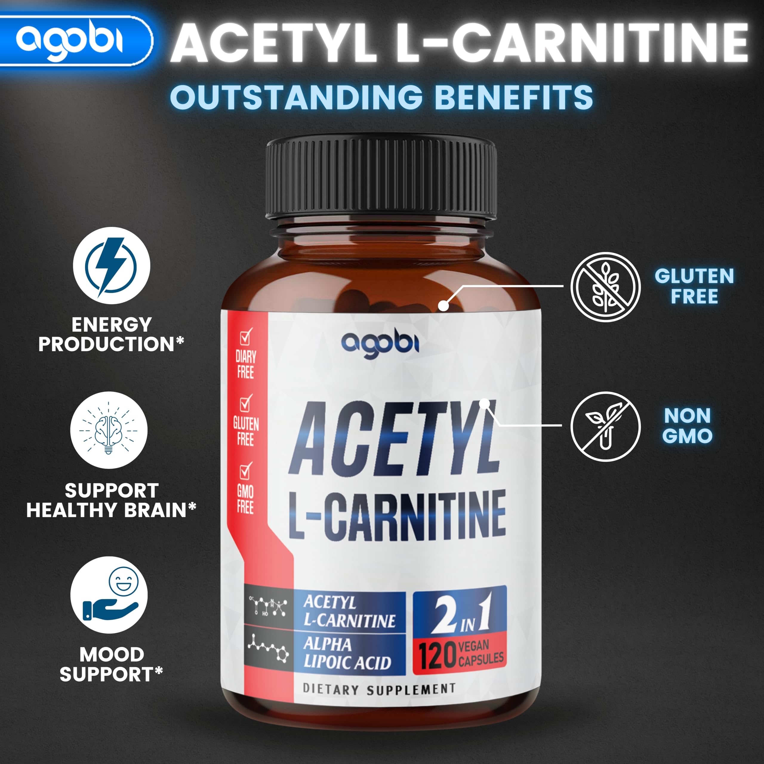agobi Acetyl L-Carnitine Supplement 1500mg capsules in bottle