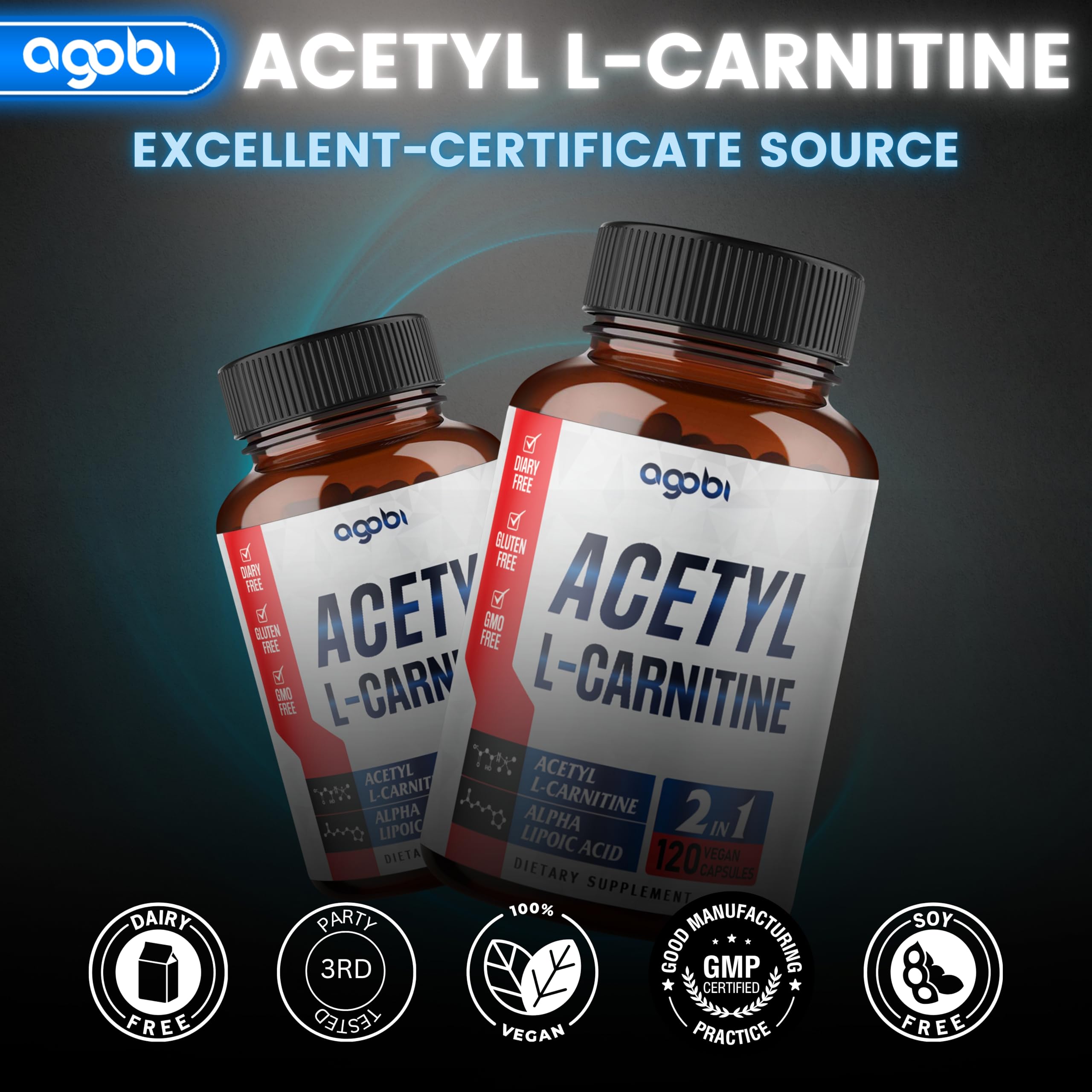 agobi Acetyl L-Carnitine Supplement 1500mg capsules on a table