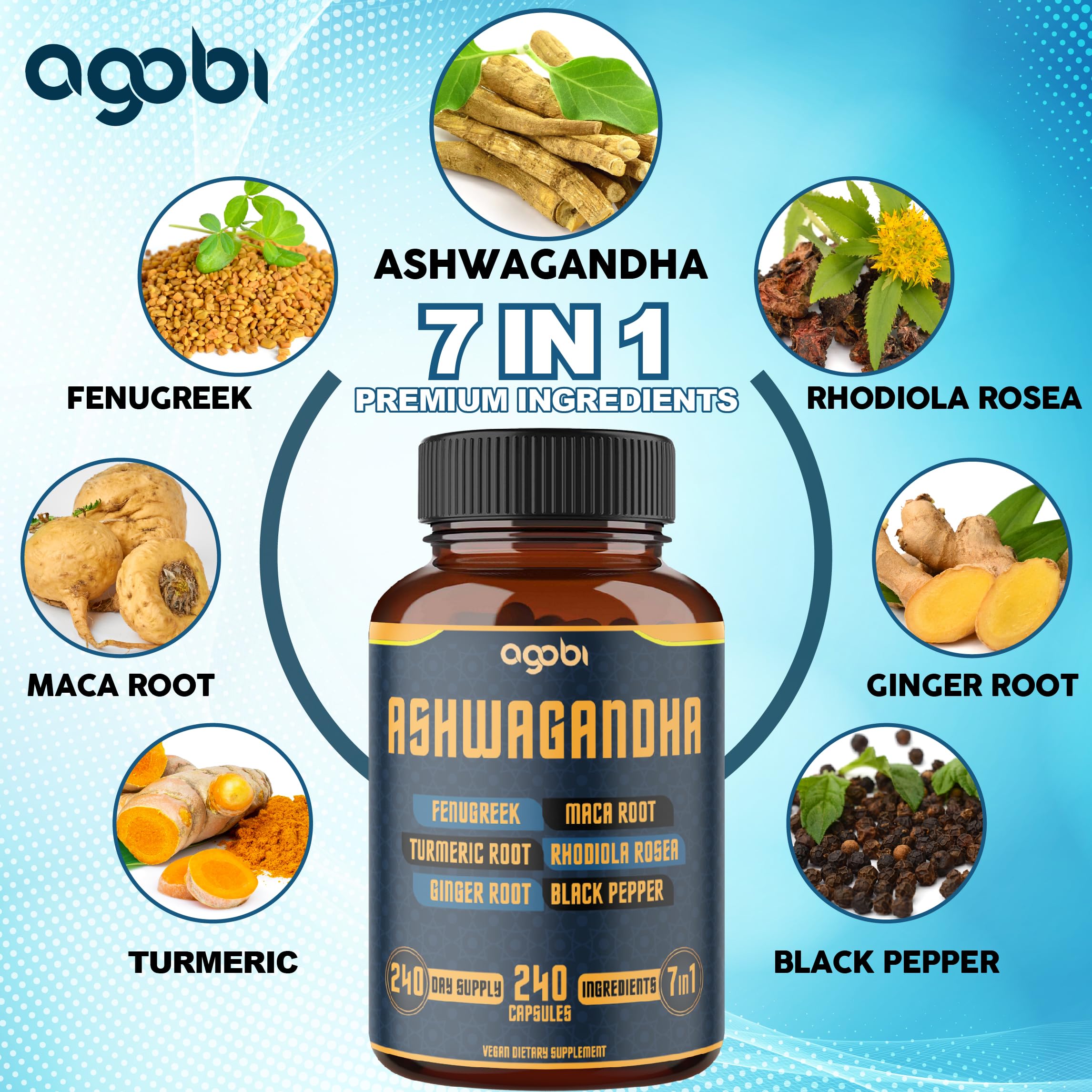 agobi Ashwagandha Adrenal Support Supplement capsules on a table