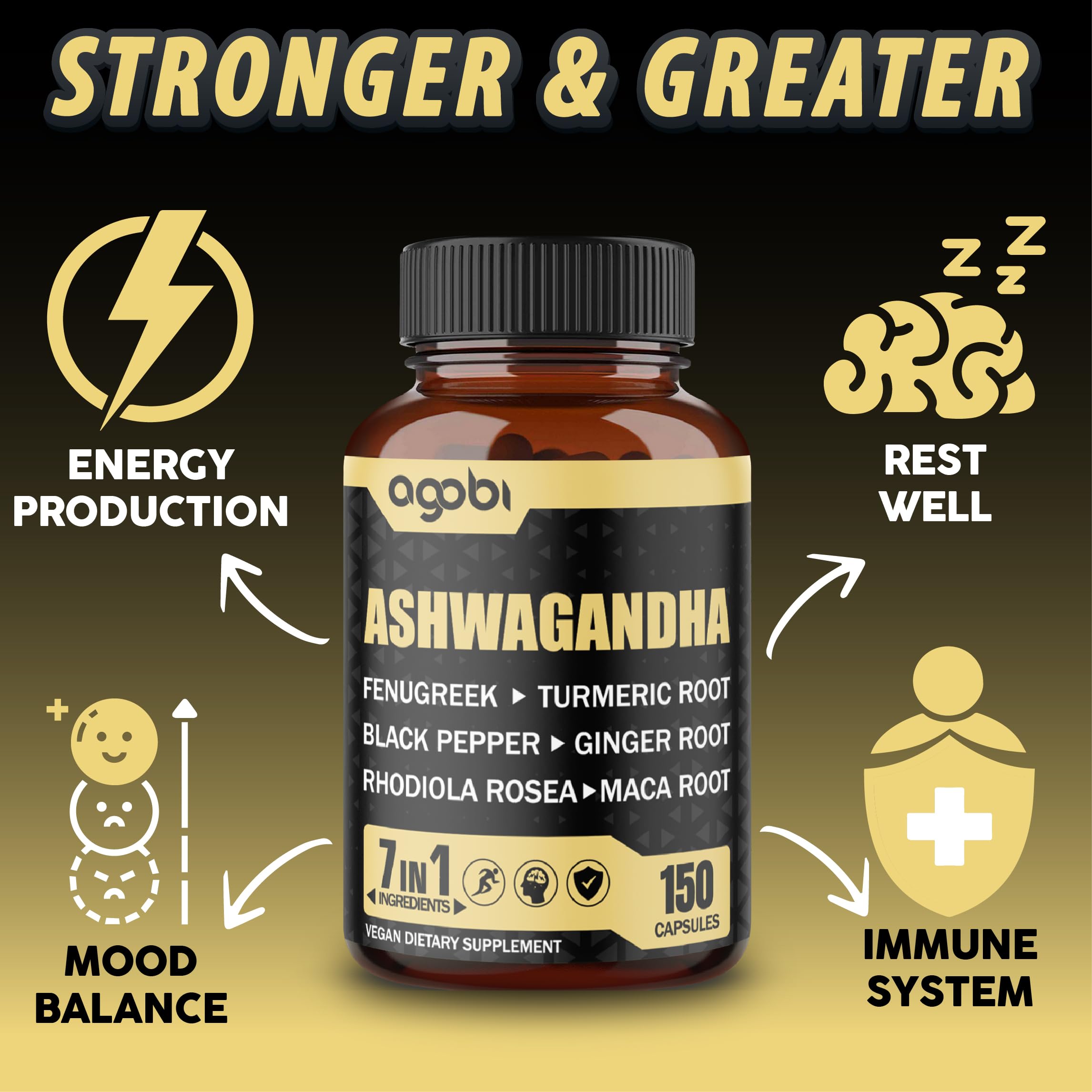 agobi Ashwagandha capsules displayed on a wooden surface