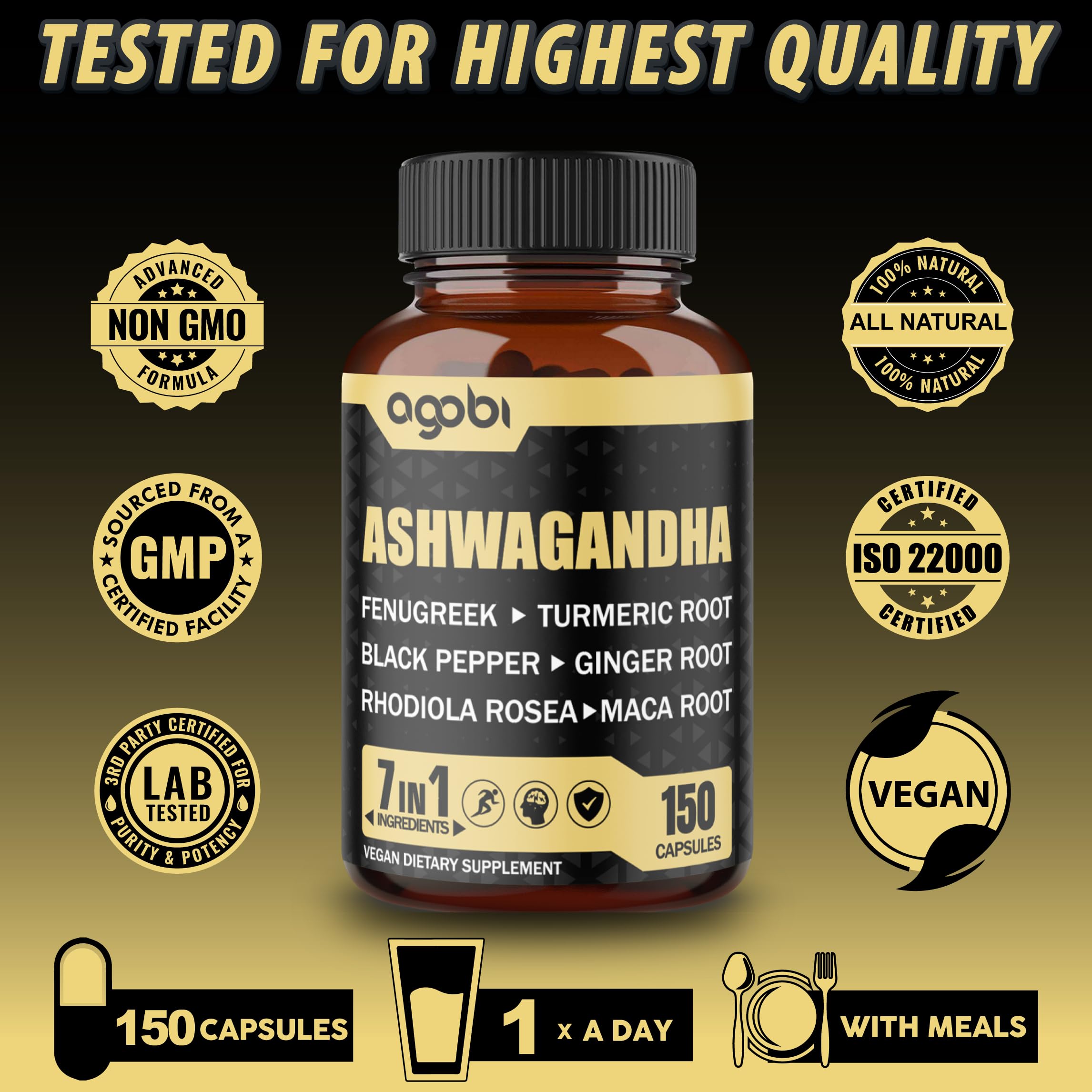 agobi Ashwagandha capsules in a clear bowl