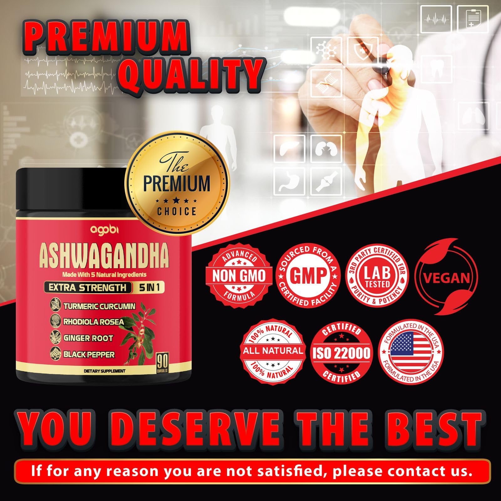 agobi Ashwagandha Capsules with a measuring spoon for dosage