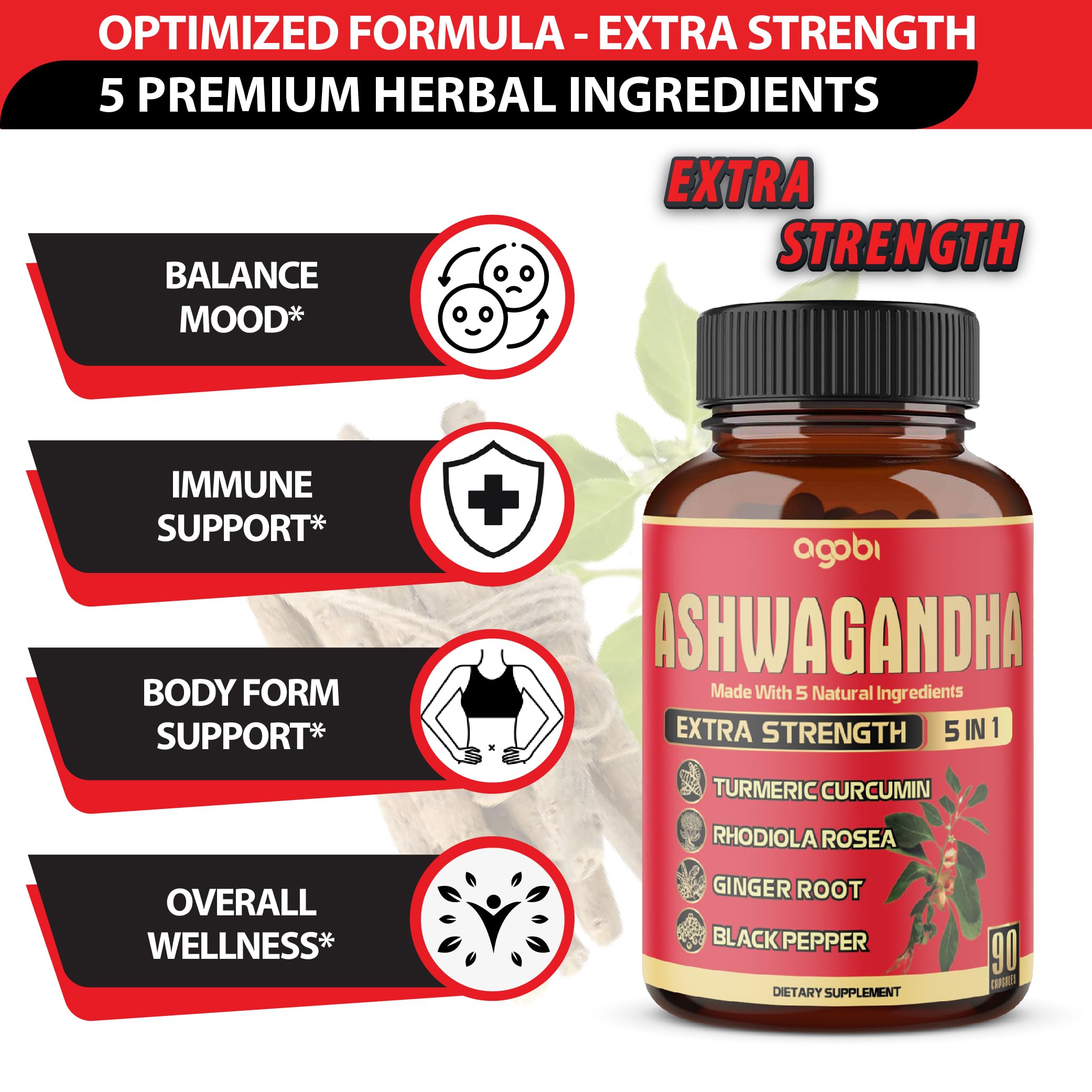 agobi Ashwagandha Supplement capsules on a wooden surface