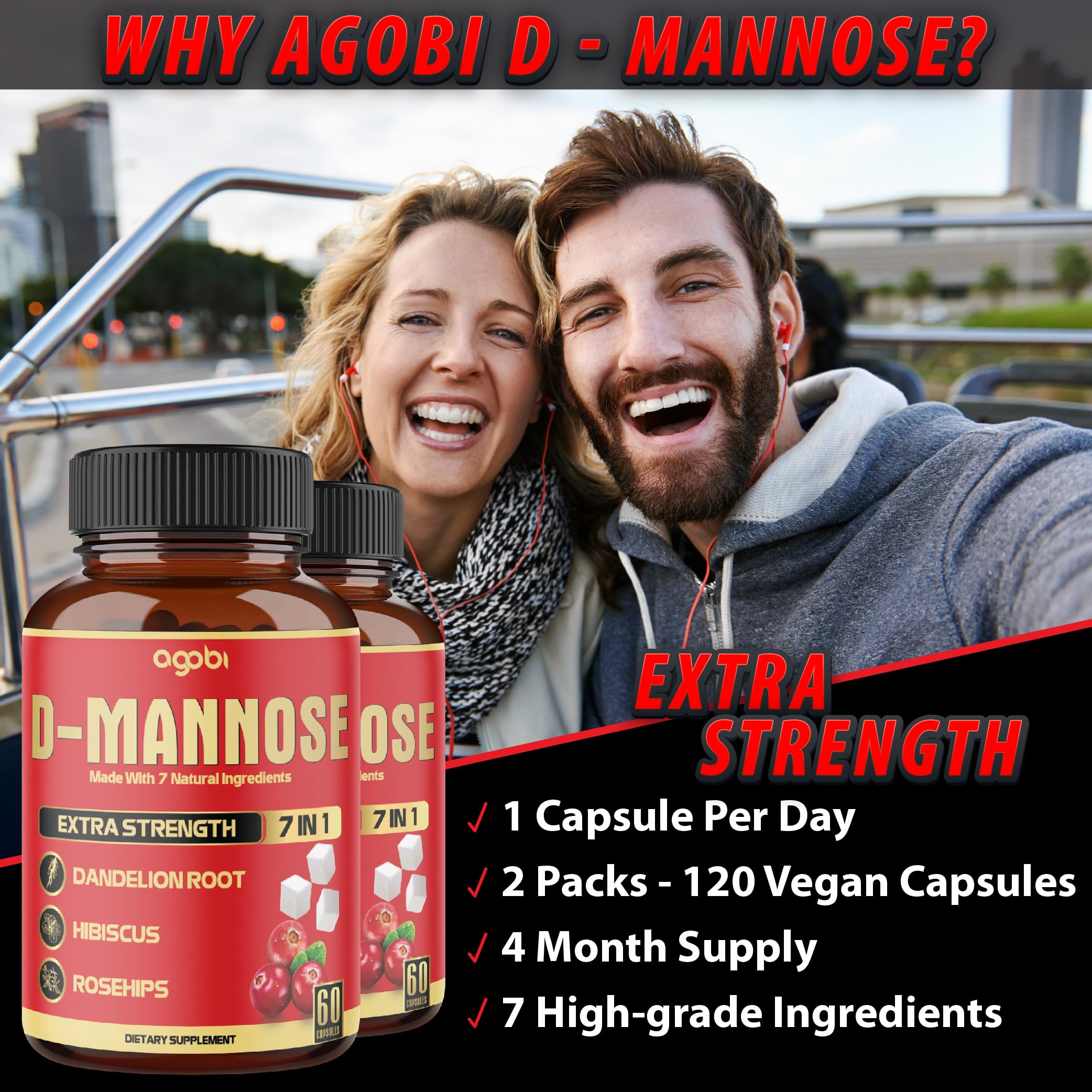 agobi D-Mannose Cranberry Supplement capsules on a wooden surface