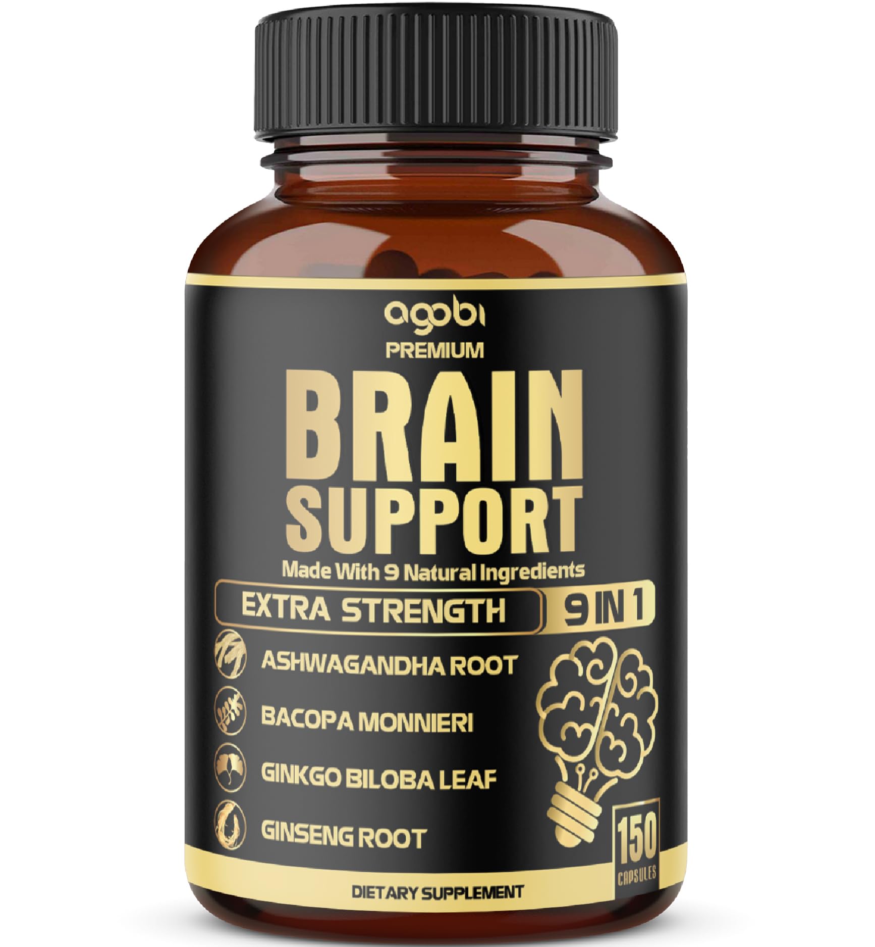 agobi Ginkgo Biloba and Ashwagandha Supplement front view with 150 capsules