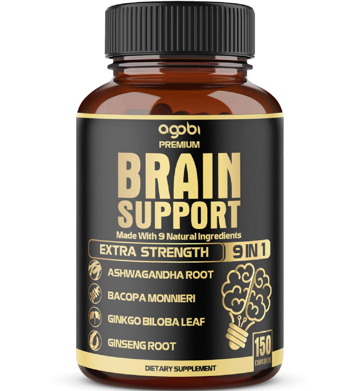 agobi Ginkgo Biloba and Ashwagandha Supplement front view with 150 capsules