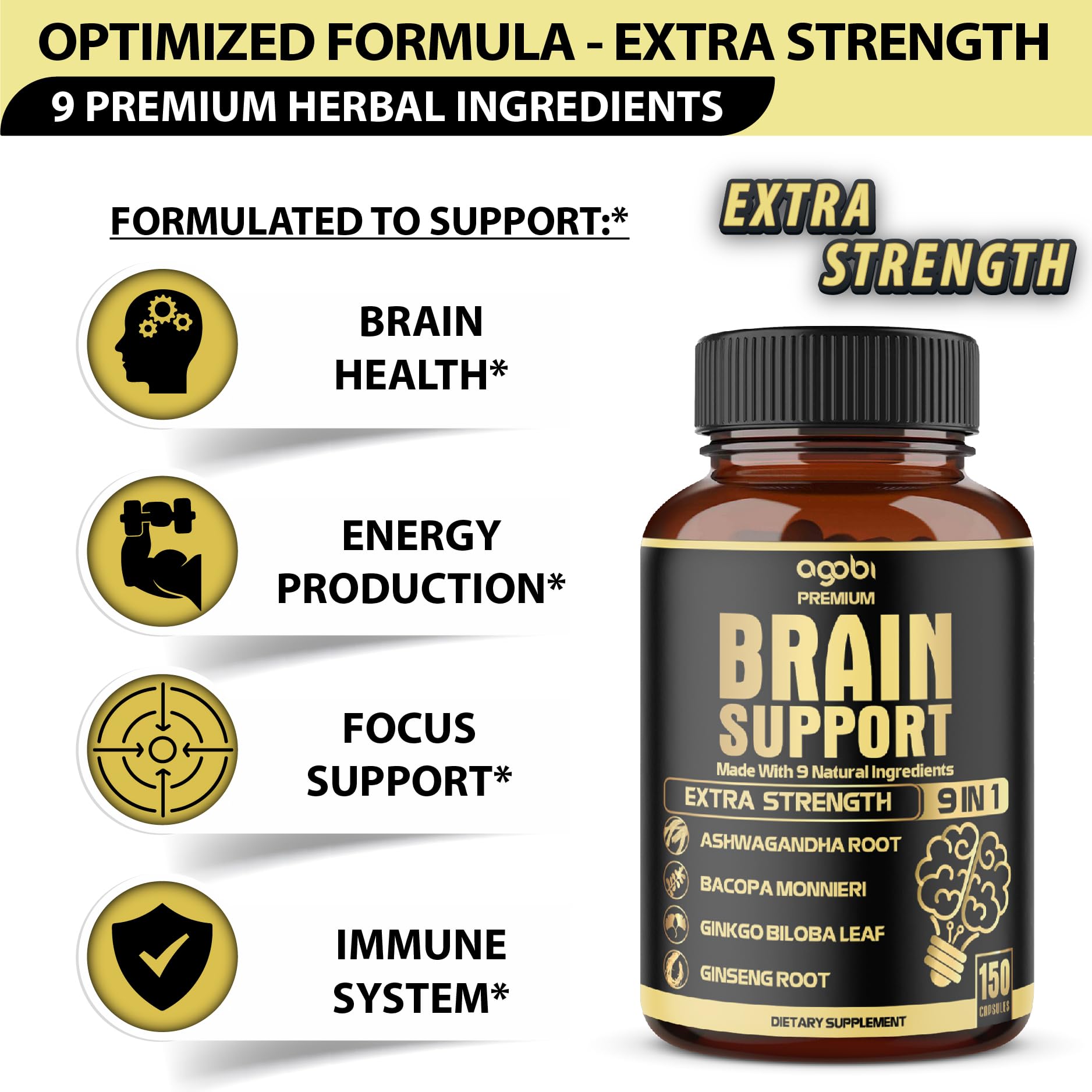agobi Ginkgo Biloba and Ashwagandha Supplement packaging with ingredients list