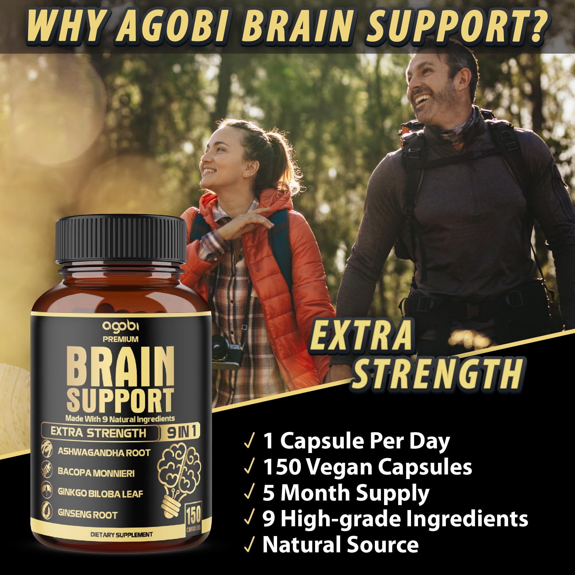 agobi Ginkgo Biloba and Ashwagandha Supplement with a measuring spoon for dosage