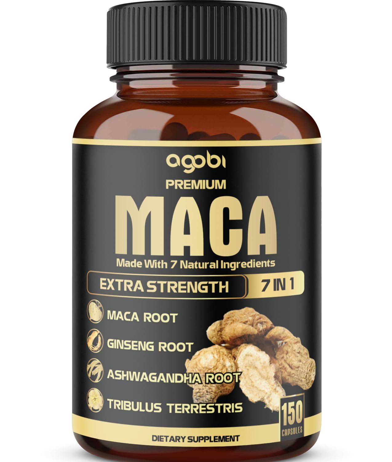agobi Maca Root Supplement bottle front view with 150 veggie capsules