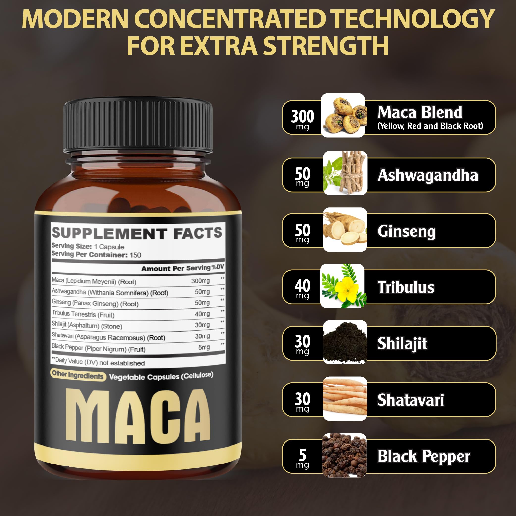 agobi Maca Root Supplement bottle side view showing ingredients list