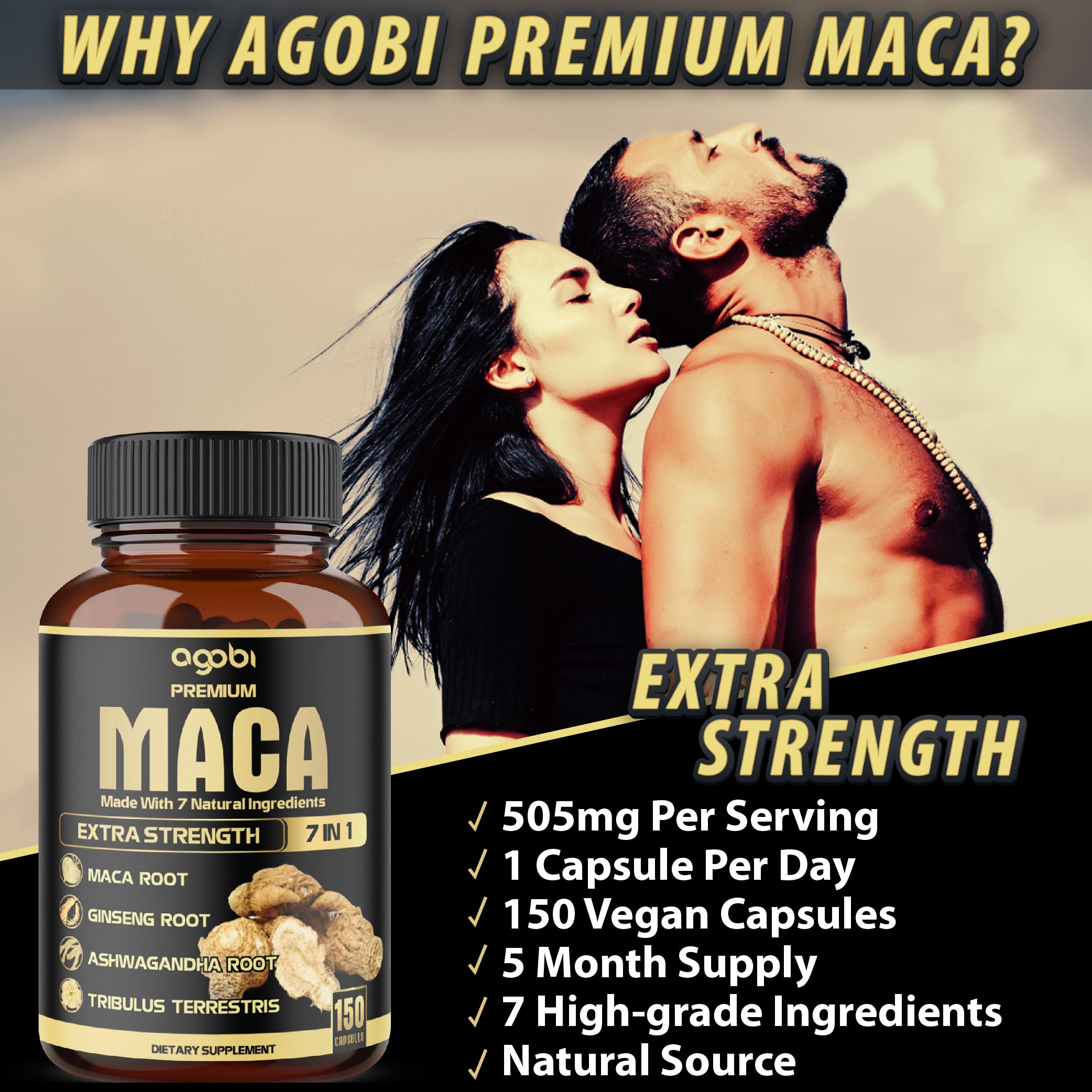 agobi Maca Root Supplement bottle with a green plant background