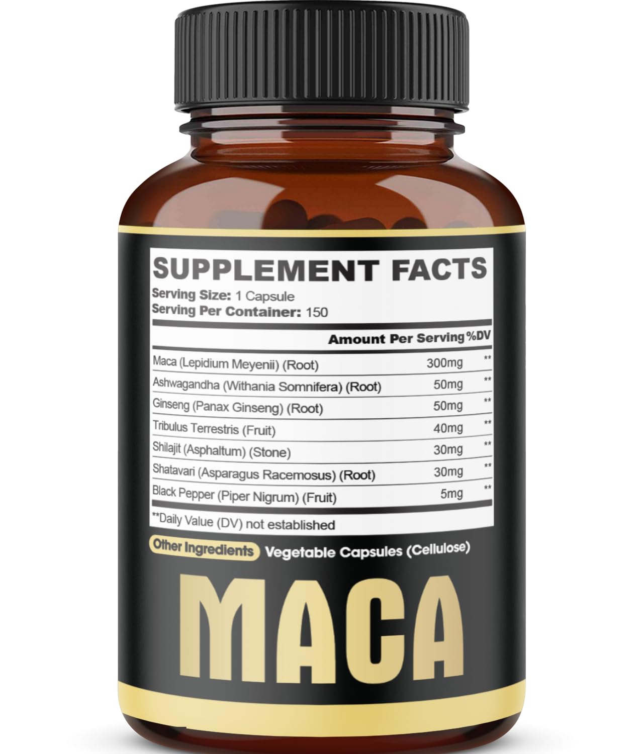 agobi Maca Root Supplement bottle with a hand holding a capsule