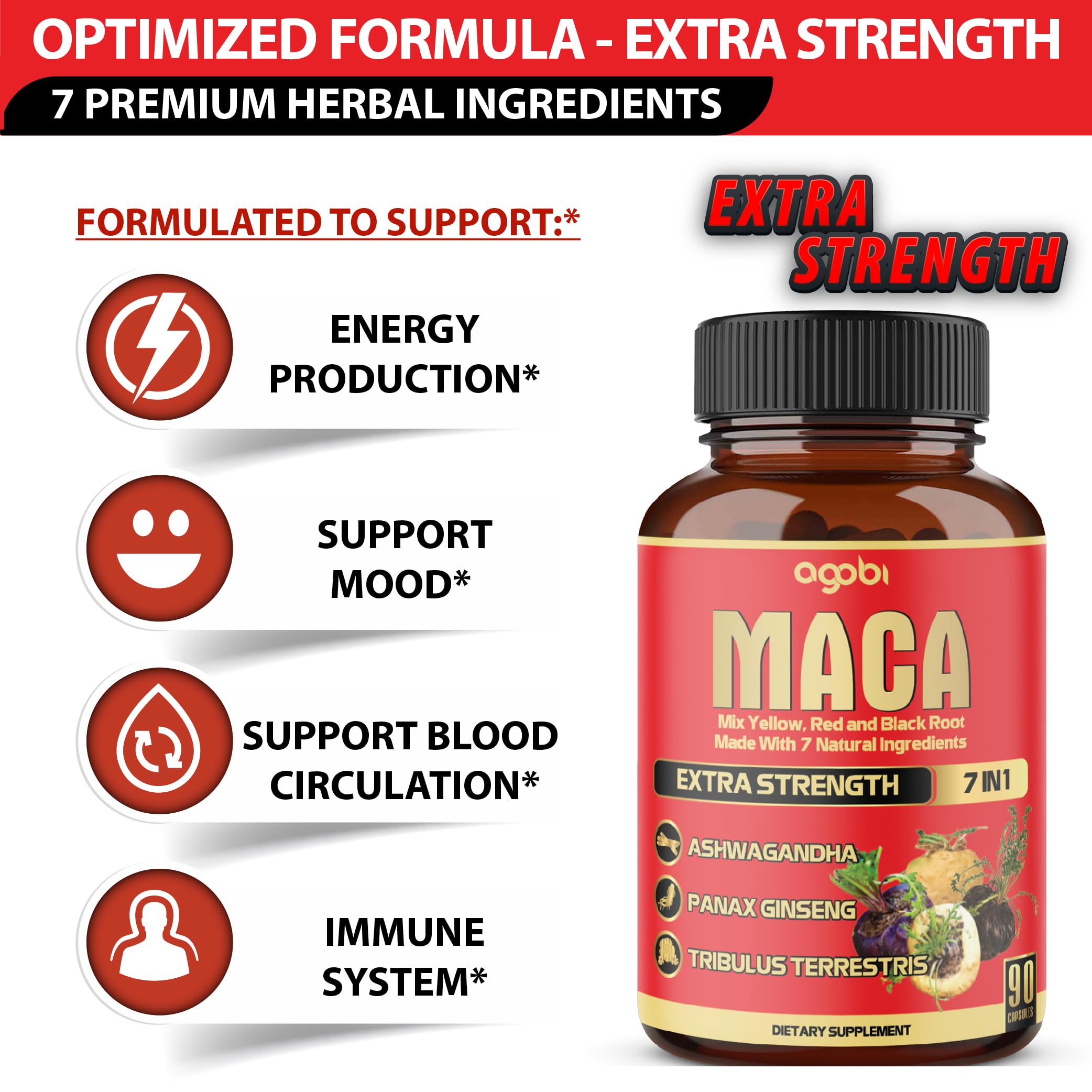 agobi Maca Root Supplement capsules in a hand