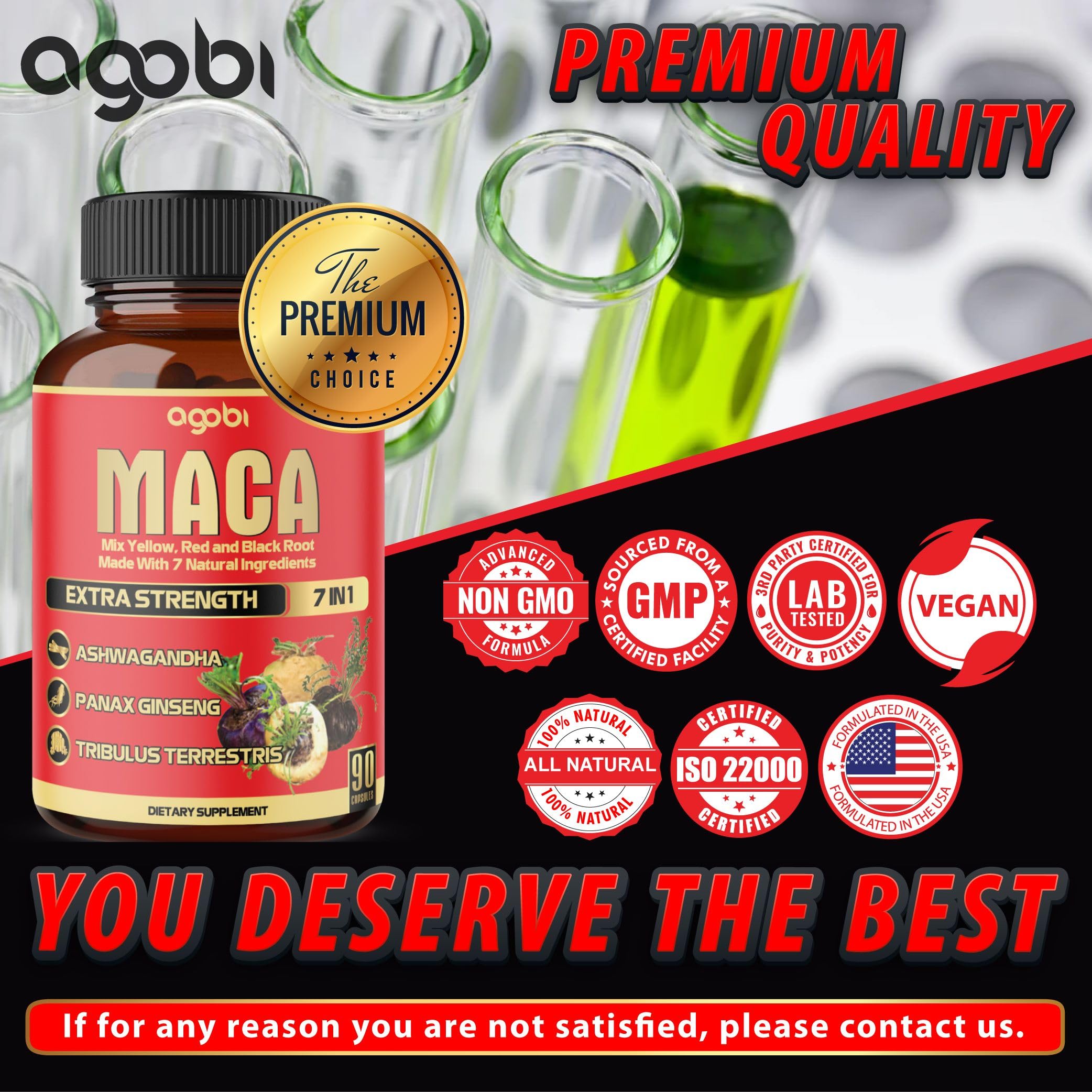 agobi Maca Root Supplement capsules on a wooden table