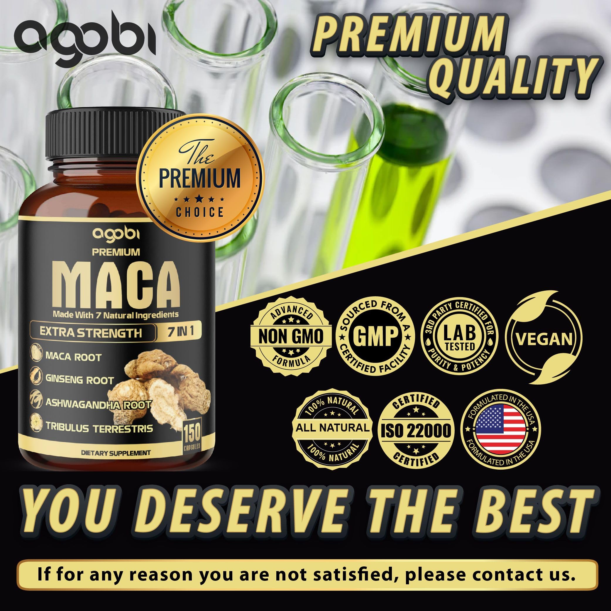 agobi Maca Root Supplement ingredients displayed on a white background
