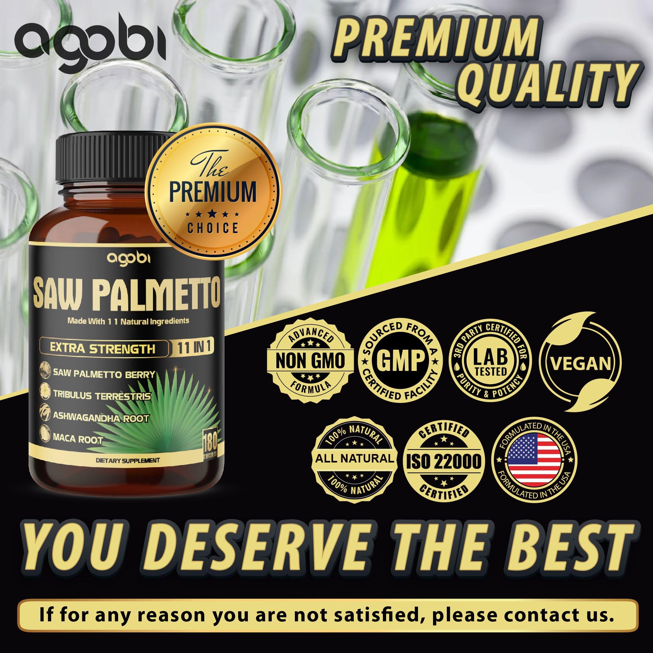 agobi Saw Palmetto Berry Supplement bottle on a wooden table