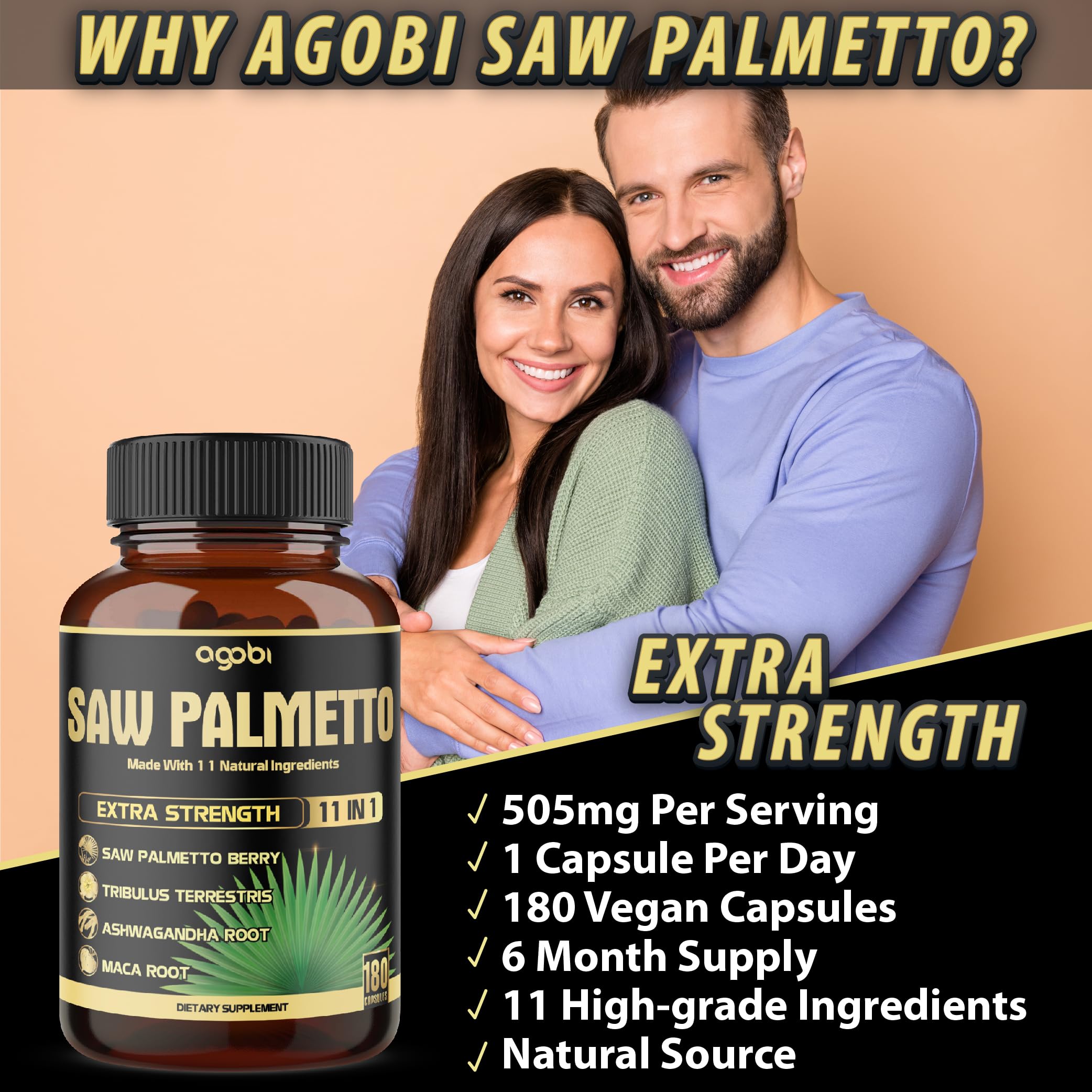 agobi Saw Palmetto Berry Supplement bottle with a measuring spoon