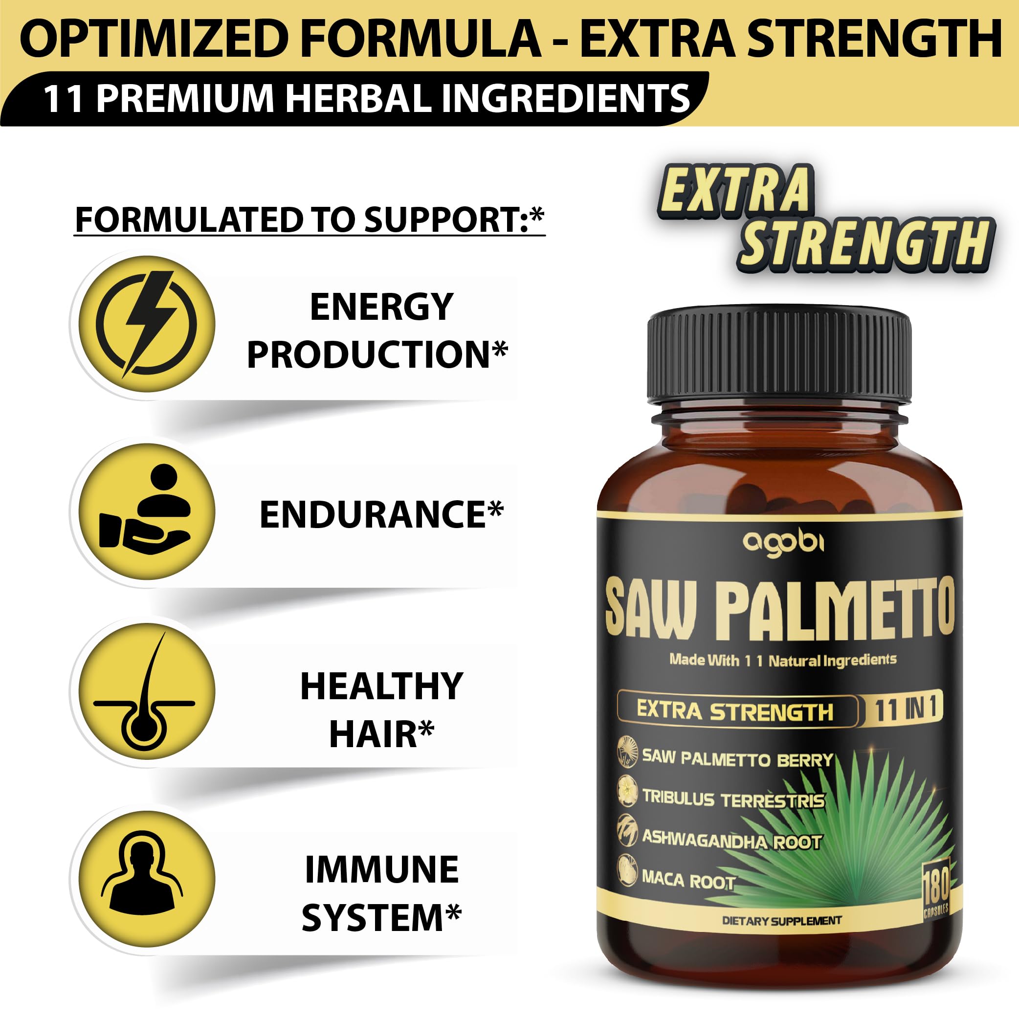 agobi Saw Palmetto Berry Supplement capsules in a hand
