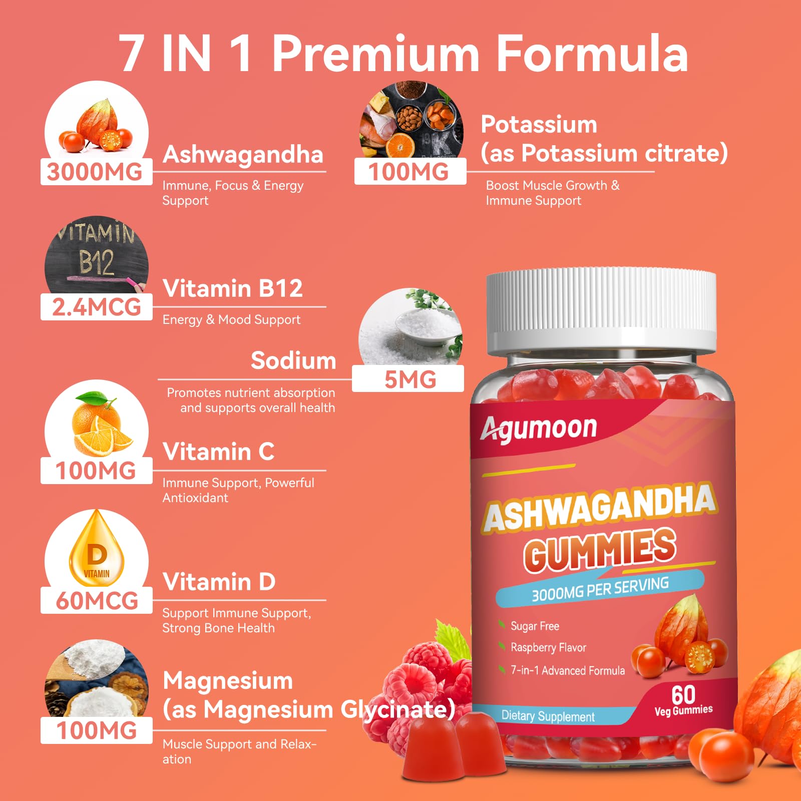 Agumoon Ashwagandha Gummies bottle with a background of fresh raspberries