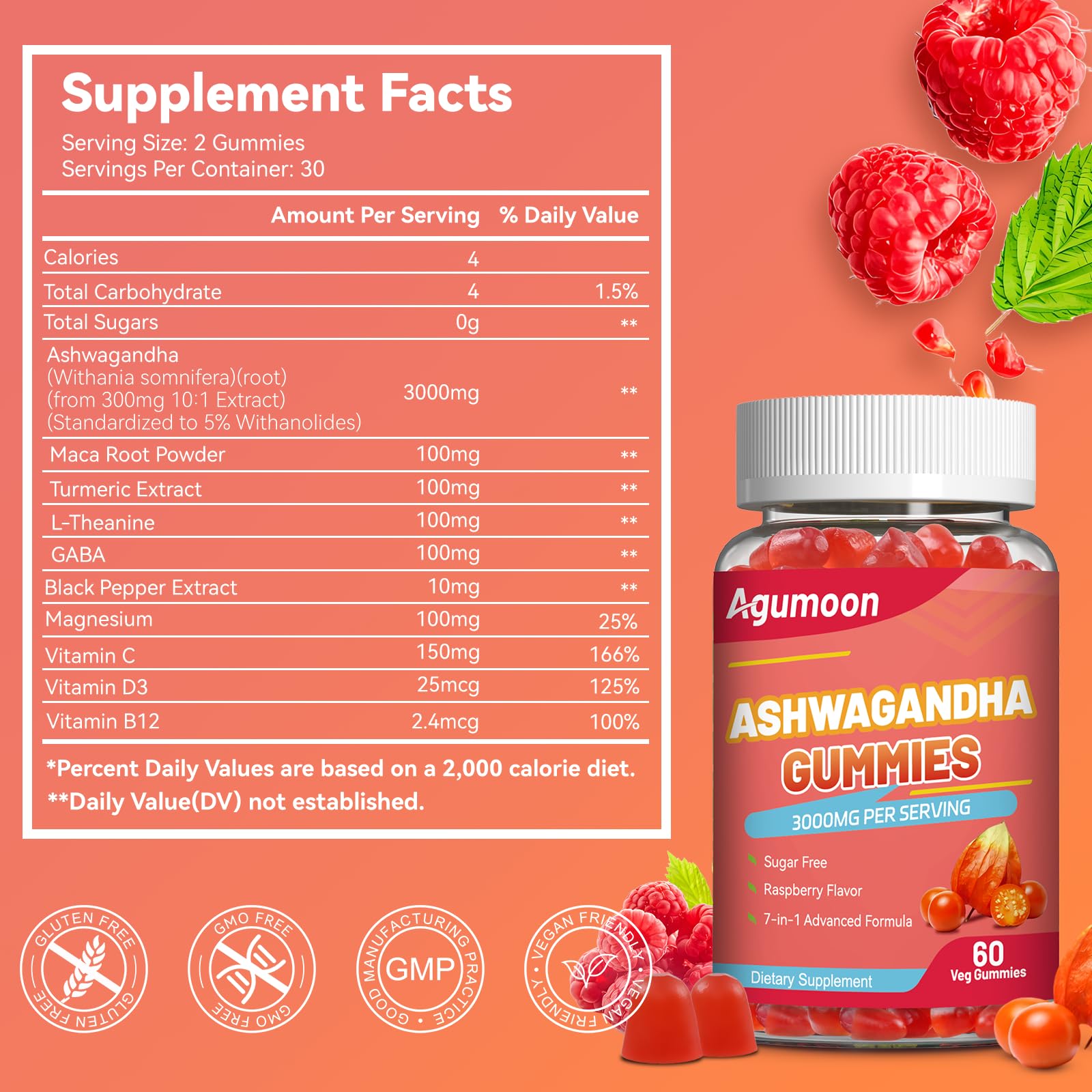 Agumoon Ashwagandha Gummies with a handful of gummies on a table
