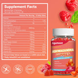 Agumoon Ashwagandha Gummies with a handful of gummies on a table