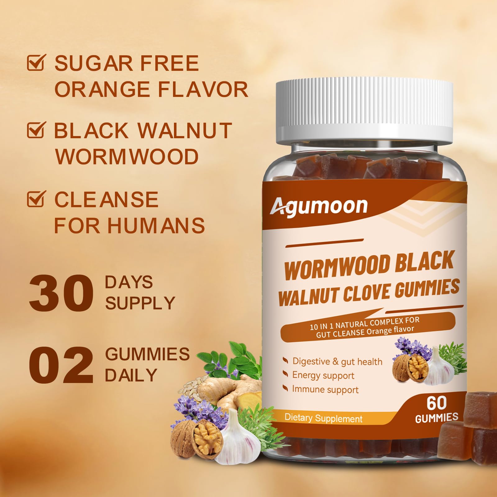 Agumoon Black Walnut & Wormwood Gummies on wooden table