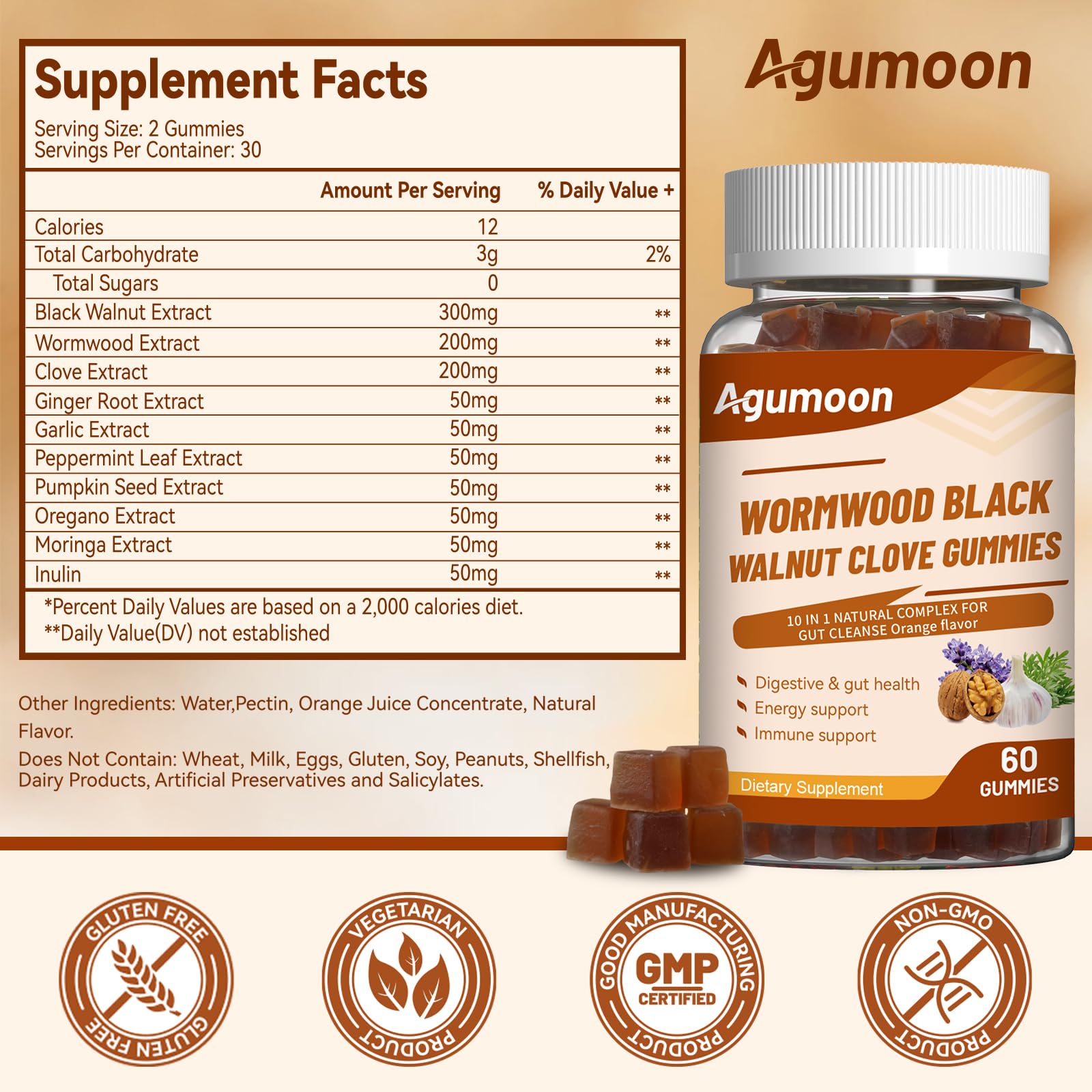 Agumoon Black Walnut & Wormwood Gummies with fresh herbs